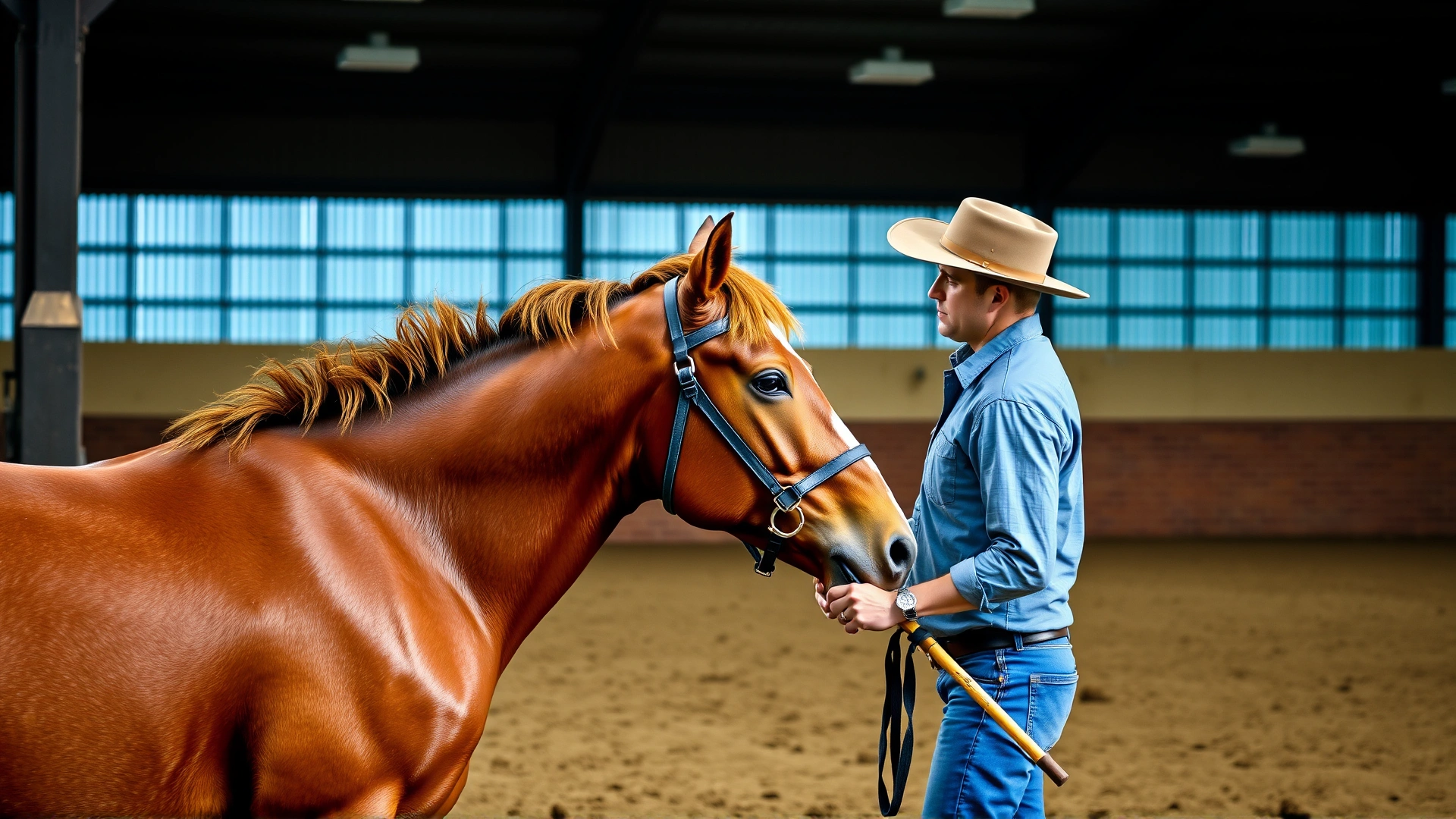 A trainer gently tapping a target stick while a horse responds attentively in an indoor arena, illustrating positive reinforcement training.