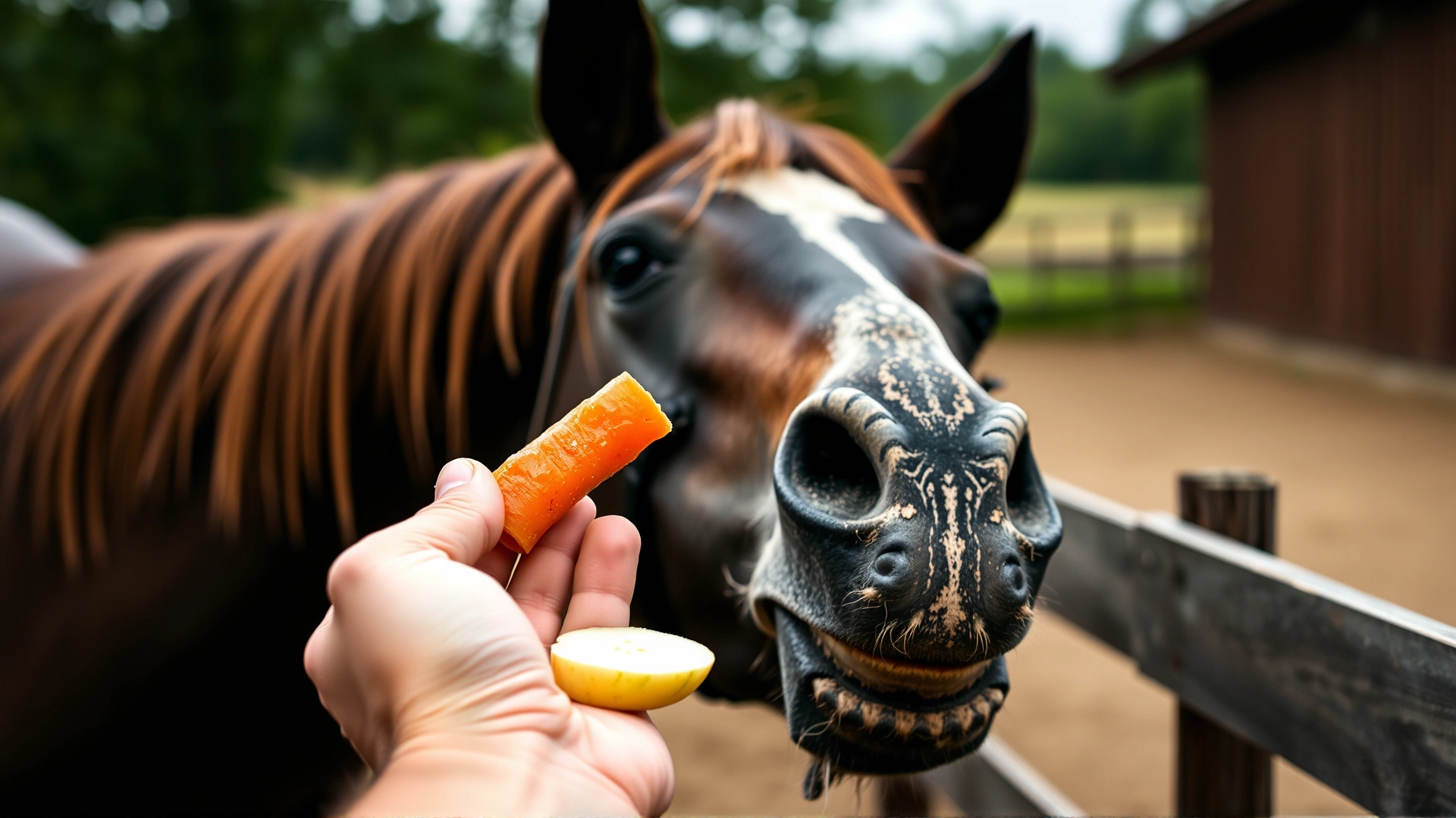 A hand offering carrot and apple slices to a friendly horse; shallow depth of field highlights treats.