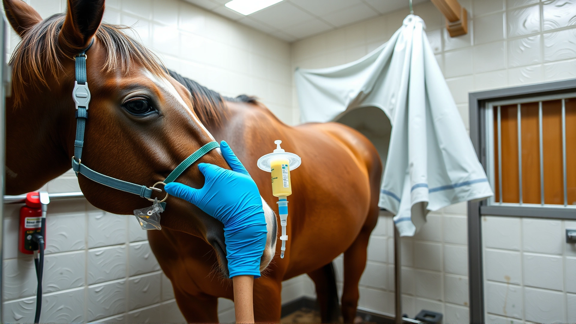 Horse receiving intravenous fluids inside a clean stall, showing supportive care measures