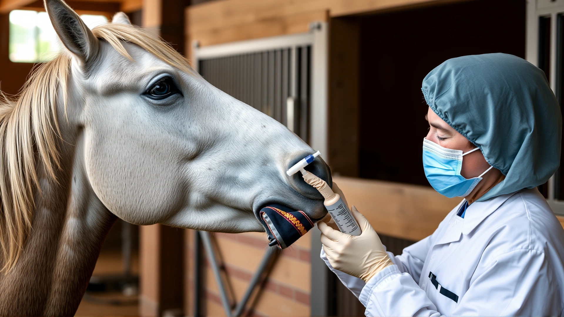 Vet administering oral paste medication to a cooperative horse using a dosing syringe in a barn setting.