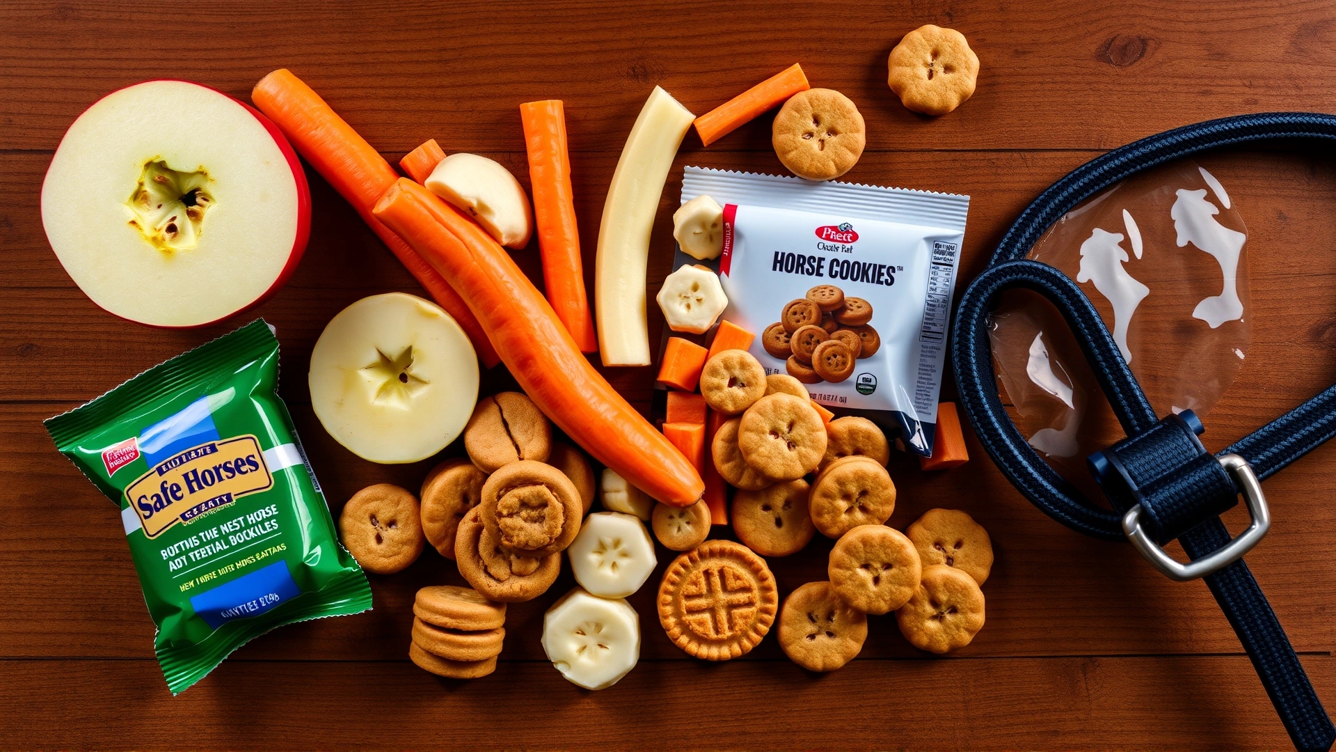 Flat-lay of assorted safe horse treats—apple slices, carrot sticks, banana pieces, and commercial horse cookies—arranged neatly on a wooden table with a halter in the corner.
