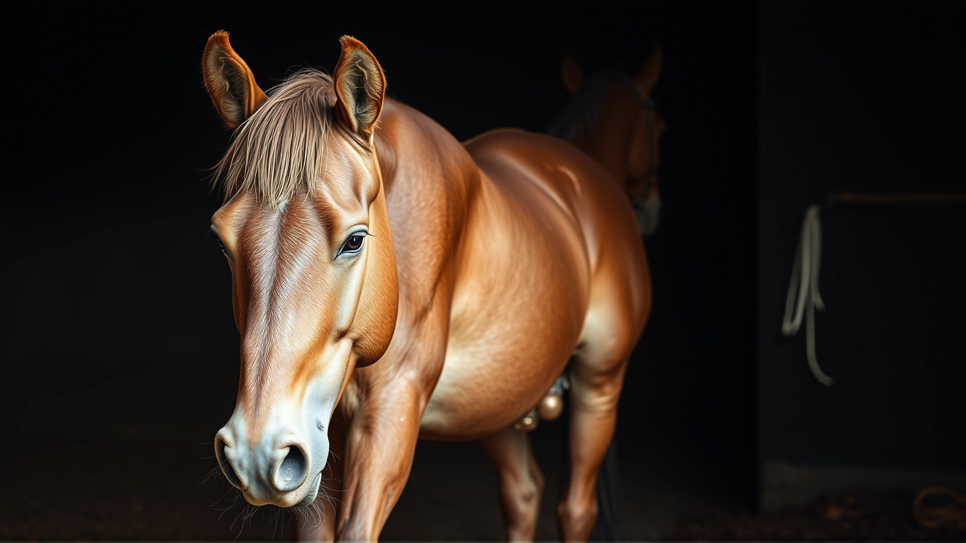 An anxious-looking horse standing with a trembling stance, slightly sweating and appearing weak inside a stable, no text