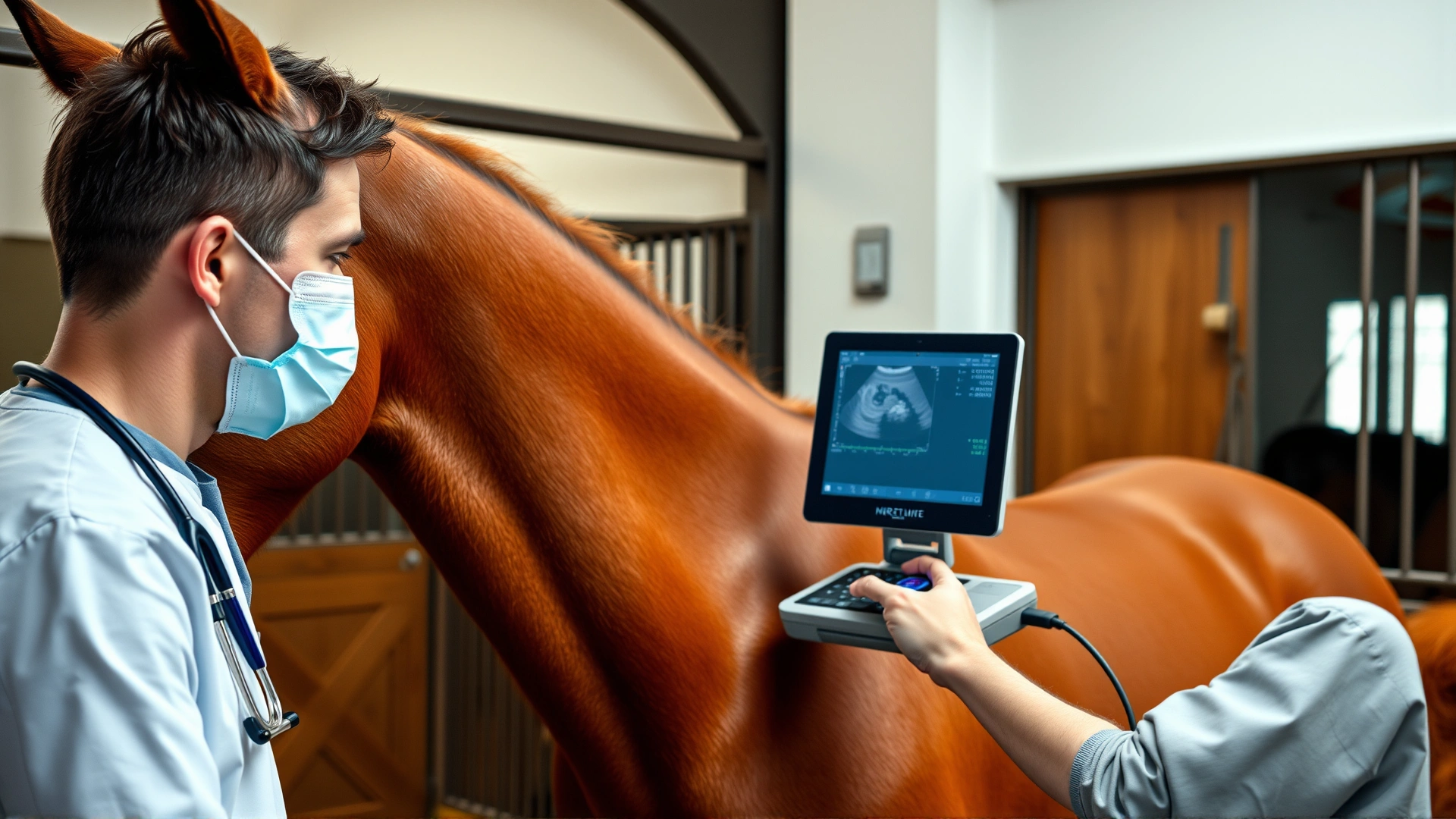 Veterinarian performing a cardiac ultrasound on a standing horse using a portable ultrasound machine inside a clean stable environment.