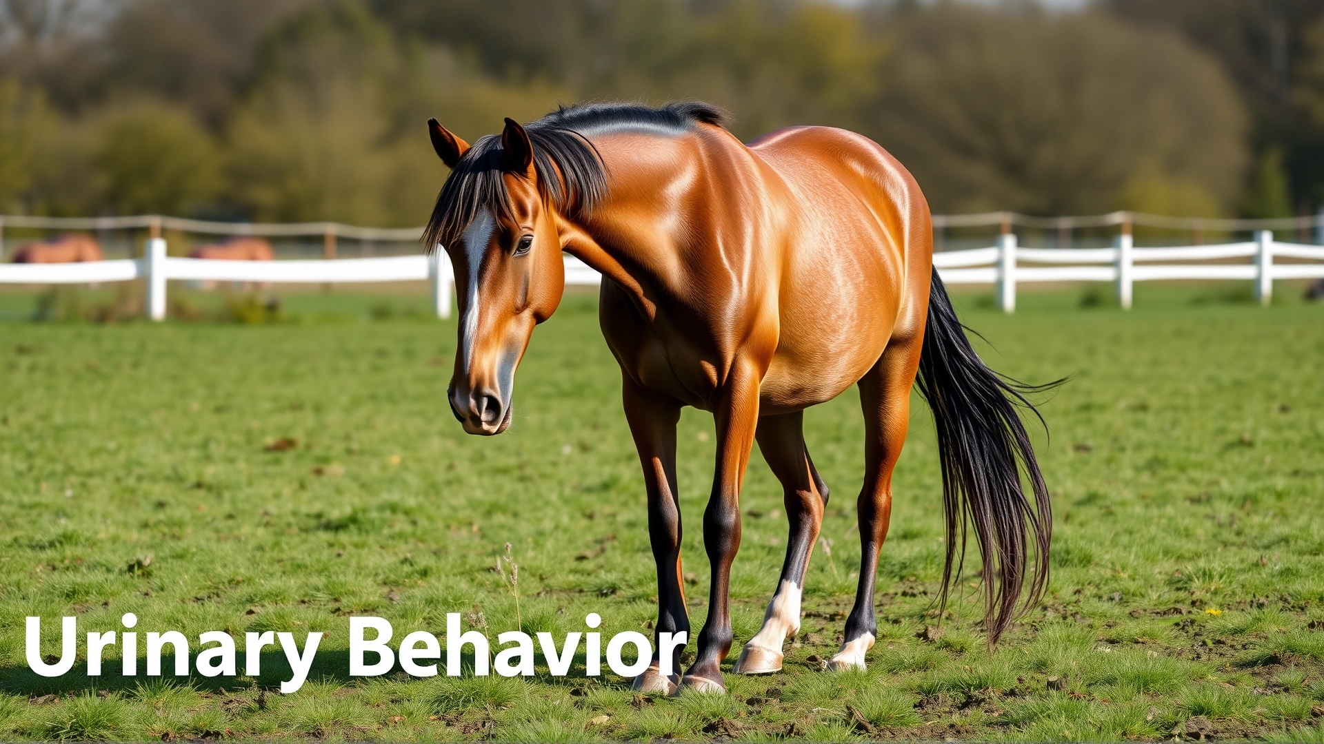 Outdoor photo of a horse standing in a grassy paddock while urinating, illustrating urinary behavior symptoms.
