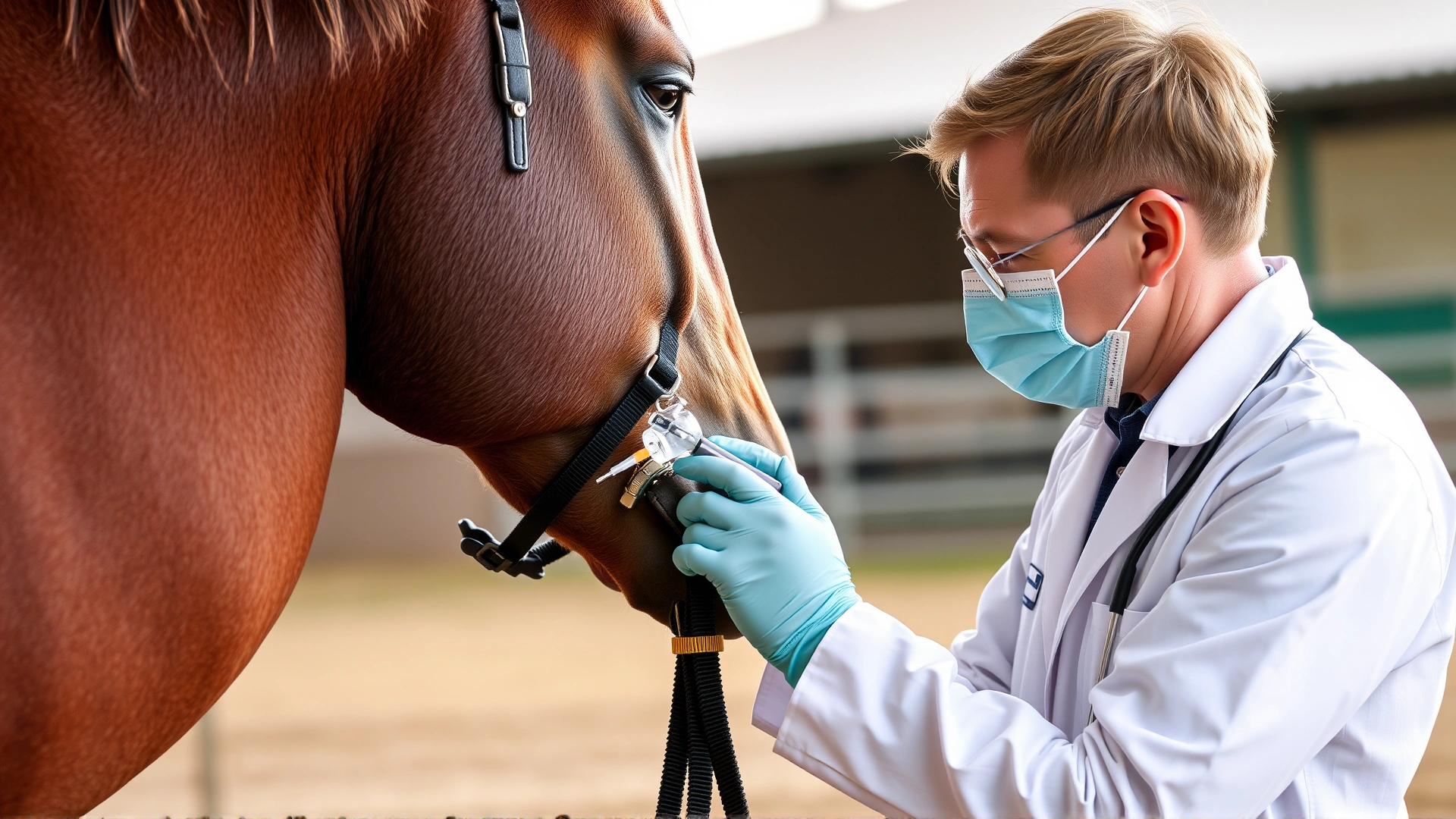 Veterinarian giving a vaccine injection in the neck of a pregnant mare while an assistant gently holds the halter, no text.