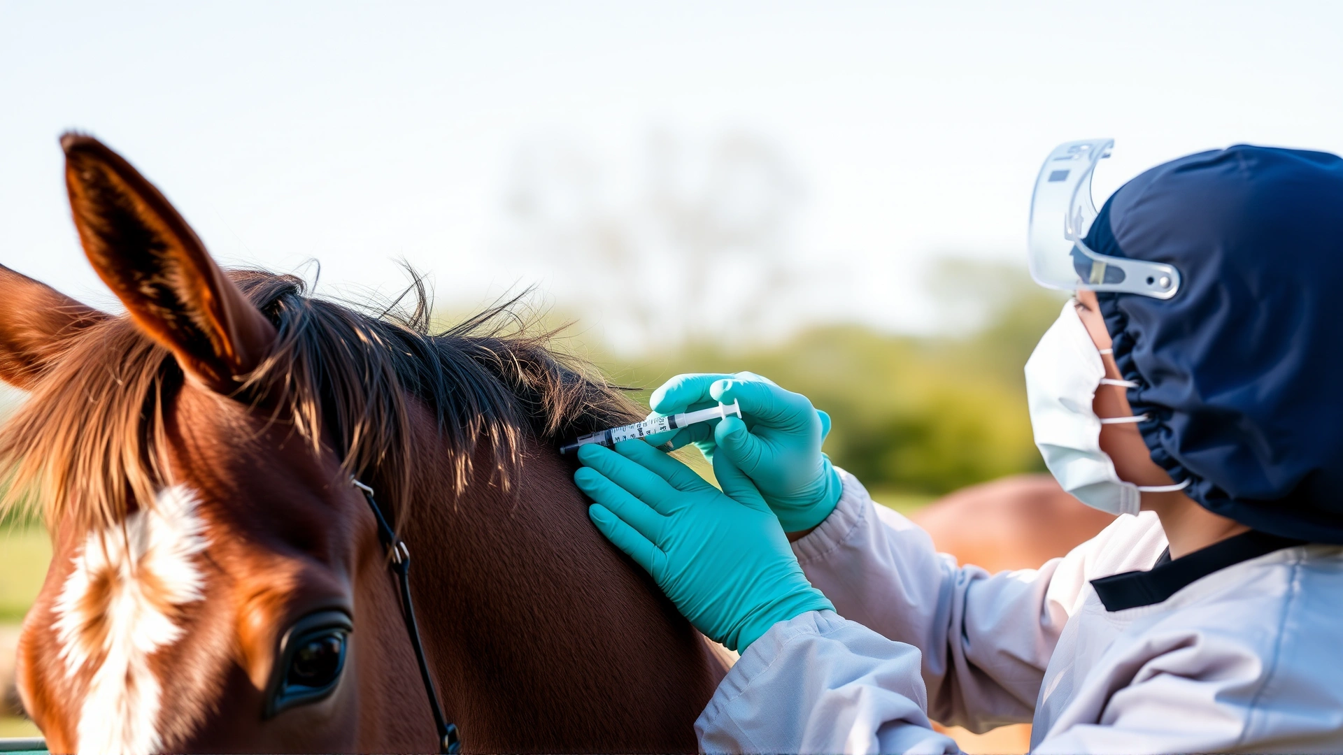 Veterinarian in protective clothing gently administering a vaccine injection into a calm horse’s neck outdoors, clear sunny day, focus on preventive care.
