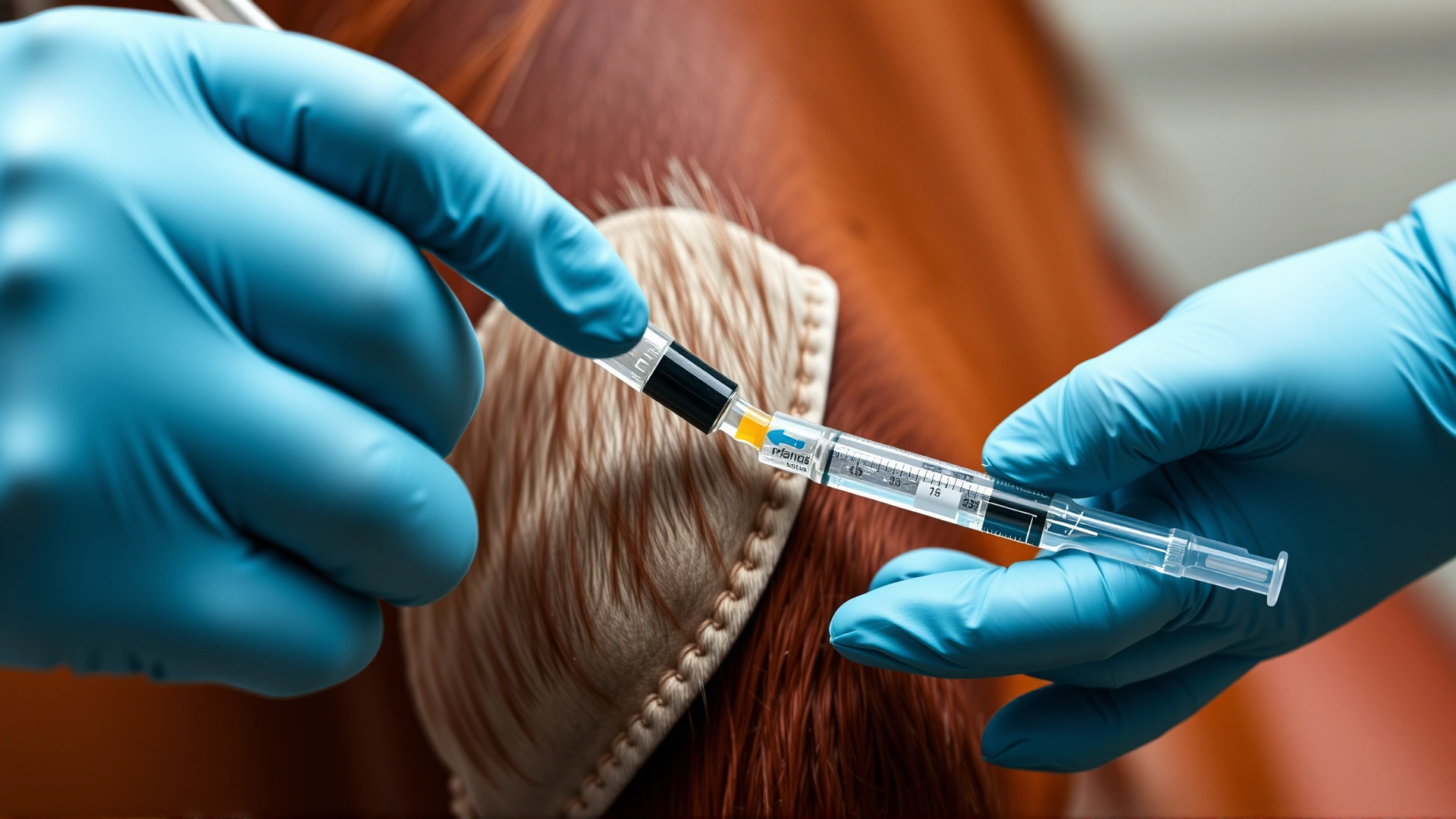 Close-up of a veterinarian's hand administering a vaccine to a horse's neck, focus on syringe and injection site