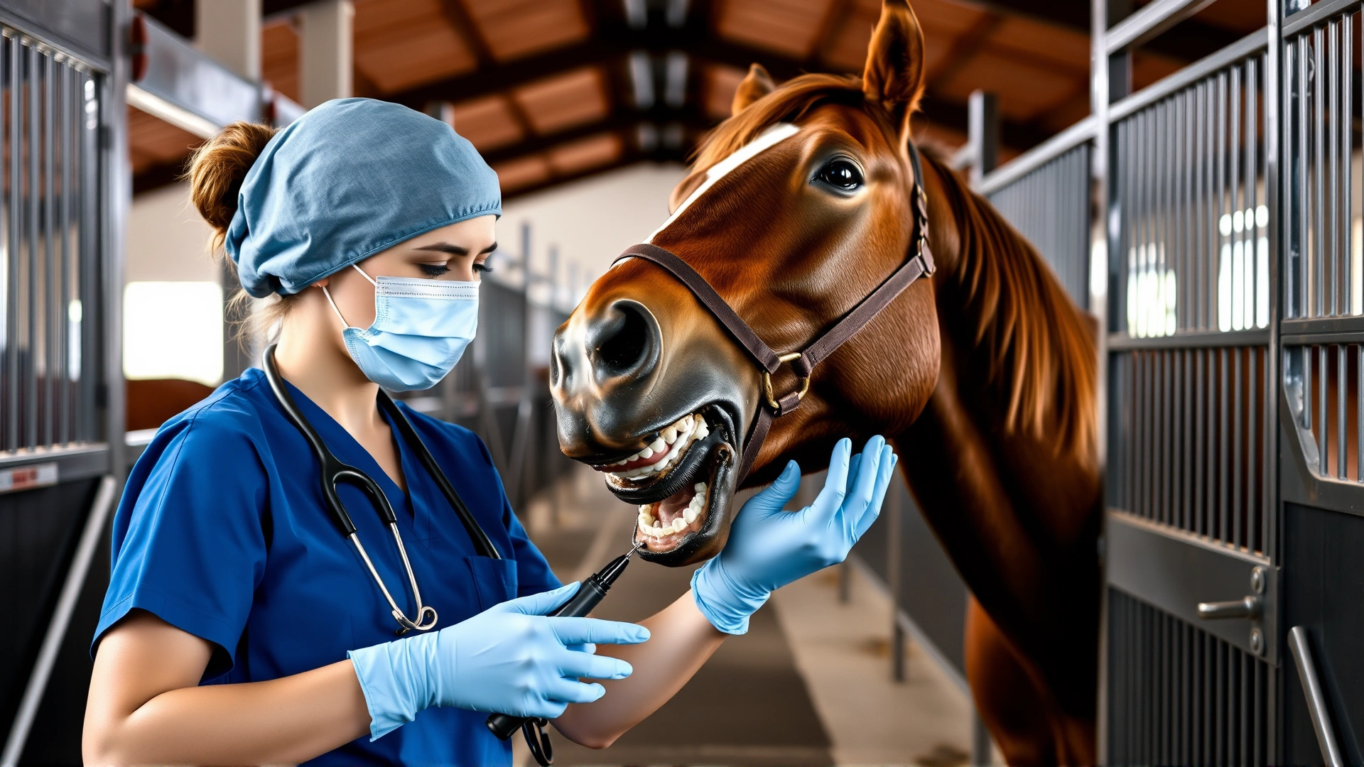 Female veterinarian in blue scrubs examining a brown horse’s mouth inside a clean stable aisle, checking teeth before feeding, no text