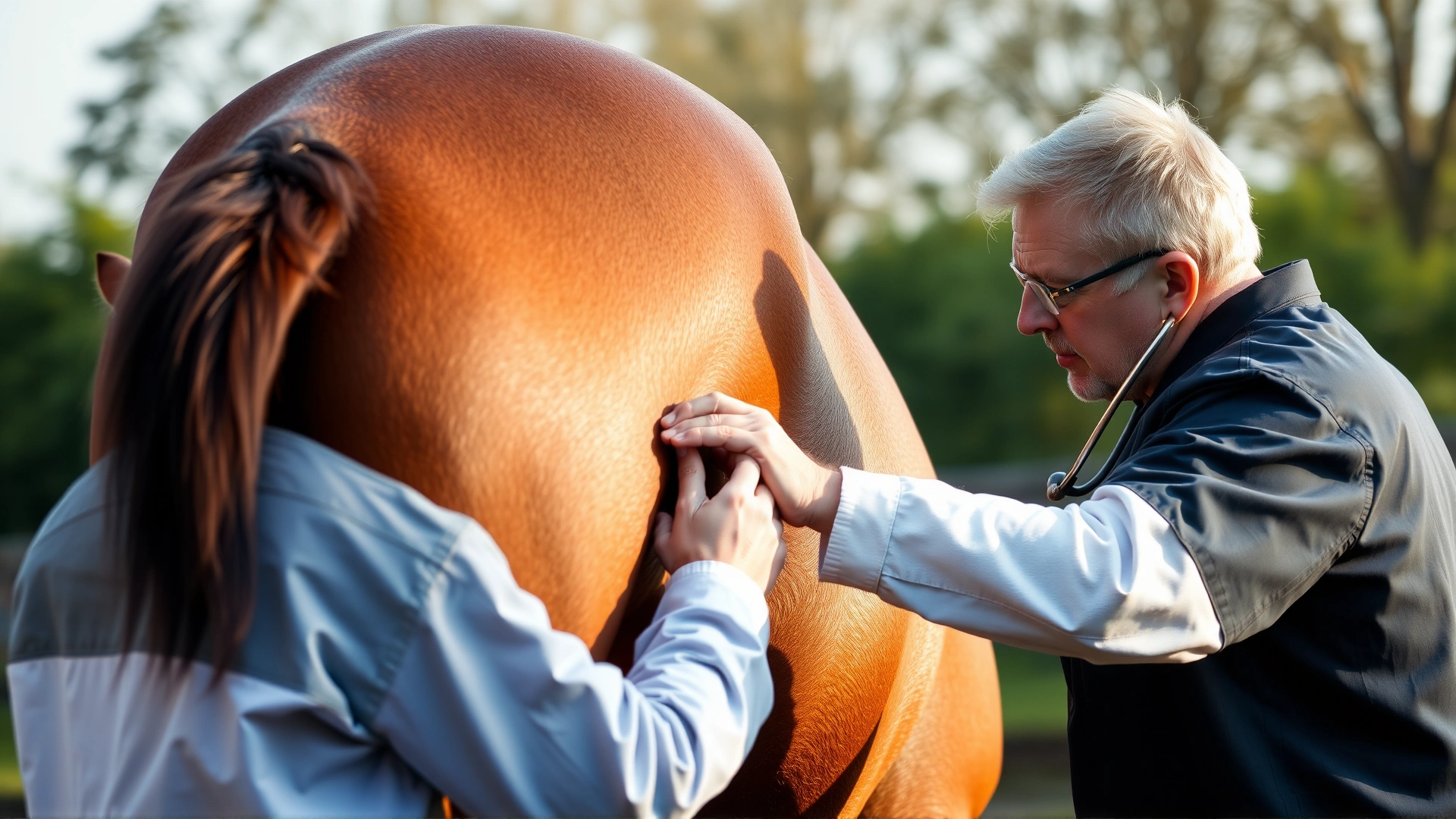 Equine veterinarian examining a bay horse’s hindquarters outdoors with gentle sunlight, using a stethoscope.