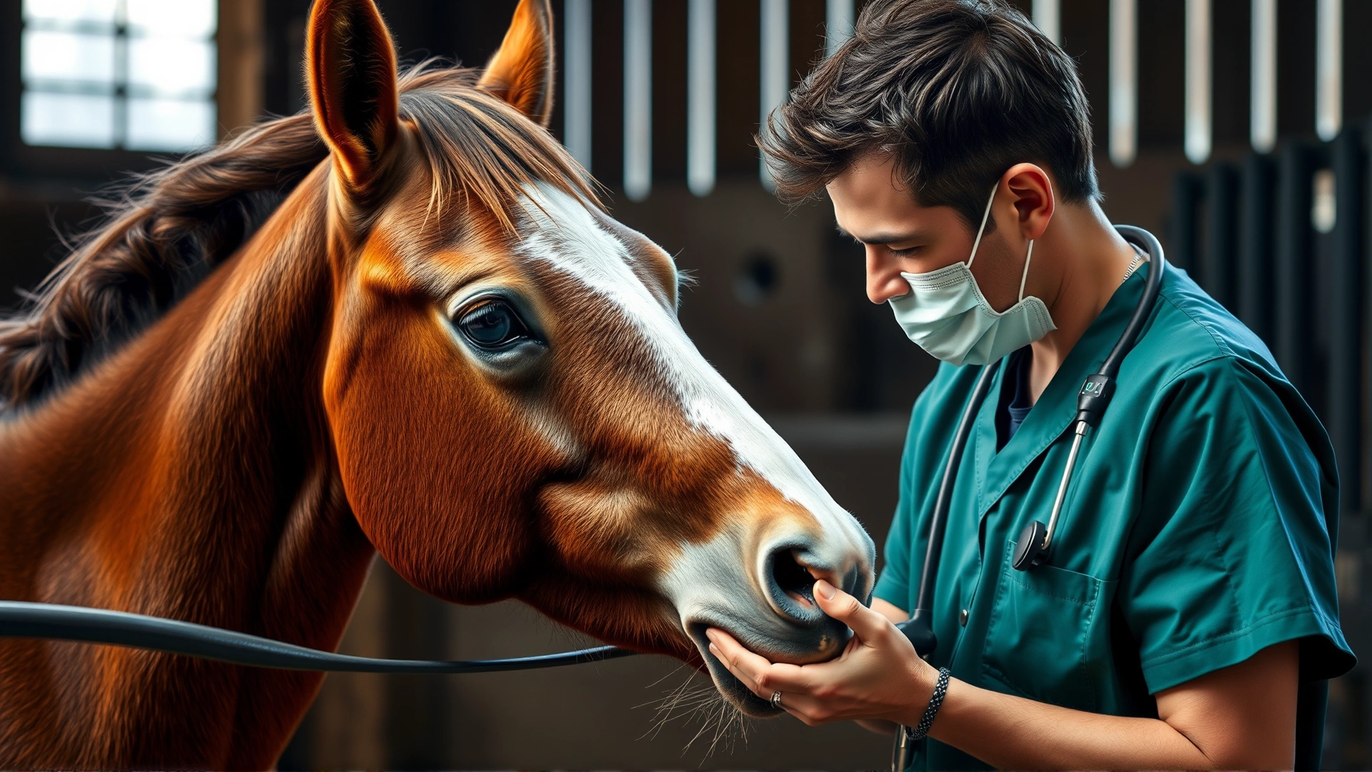 Veterinarian in barn gently examining a young stallion before surgery, natural lighting