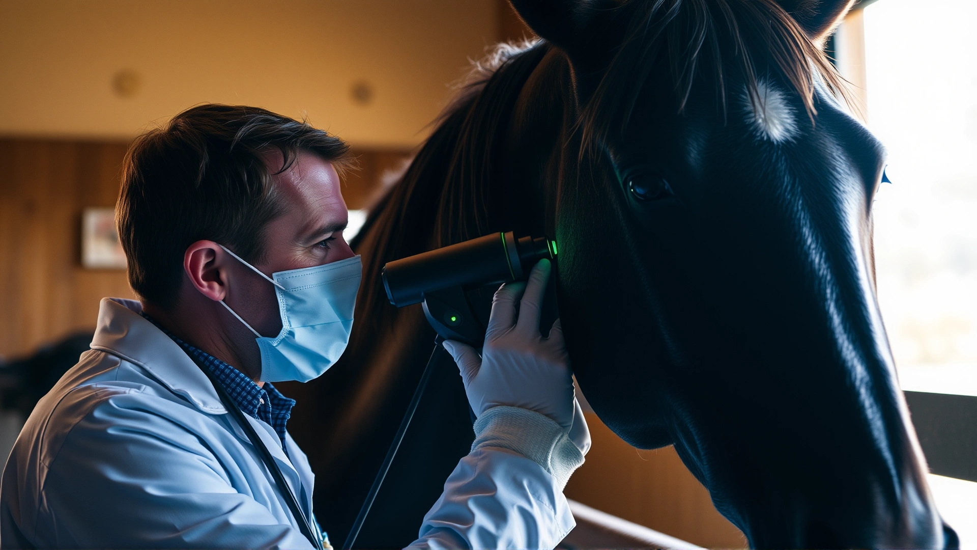 Equine veterinarian using an otoscope to examine a horse’s ear inside a well-lit stable.