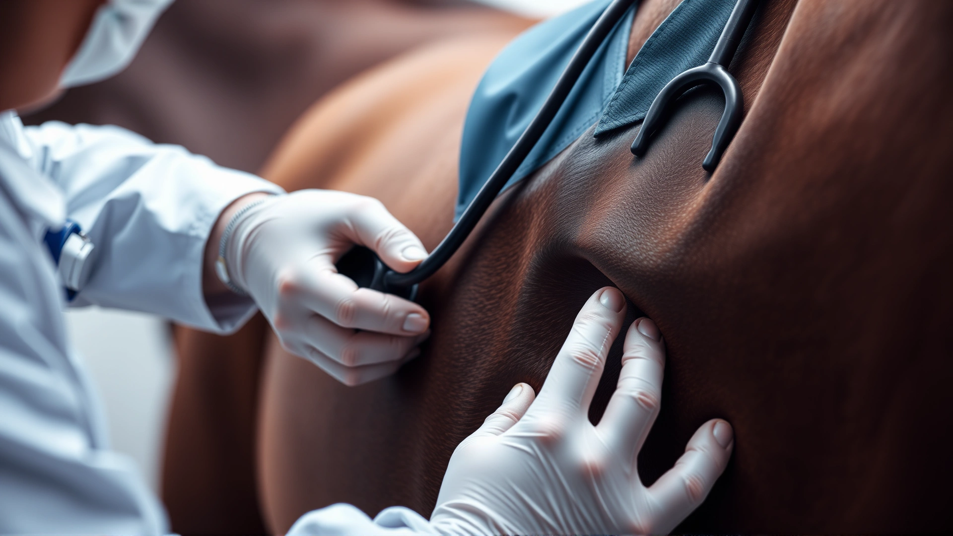 Close-up shot of a veterinarian holding a stethoscope to a horse's abdomen during a routine check-up, emphasizing the diagnostic process.