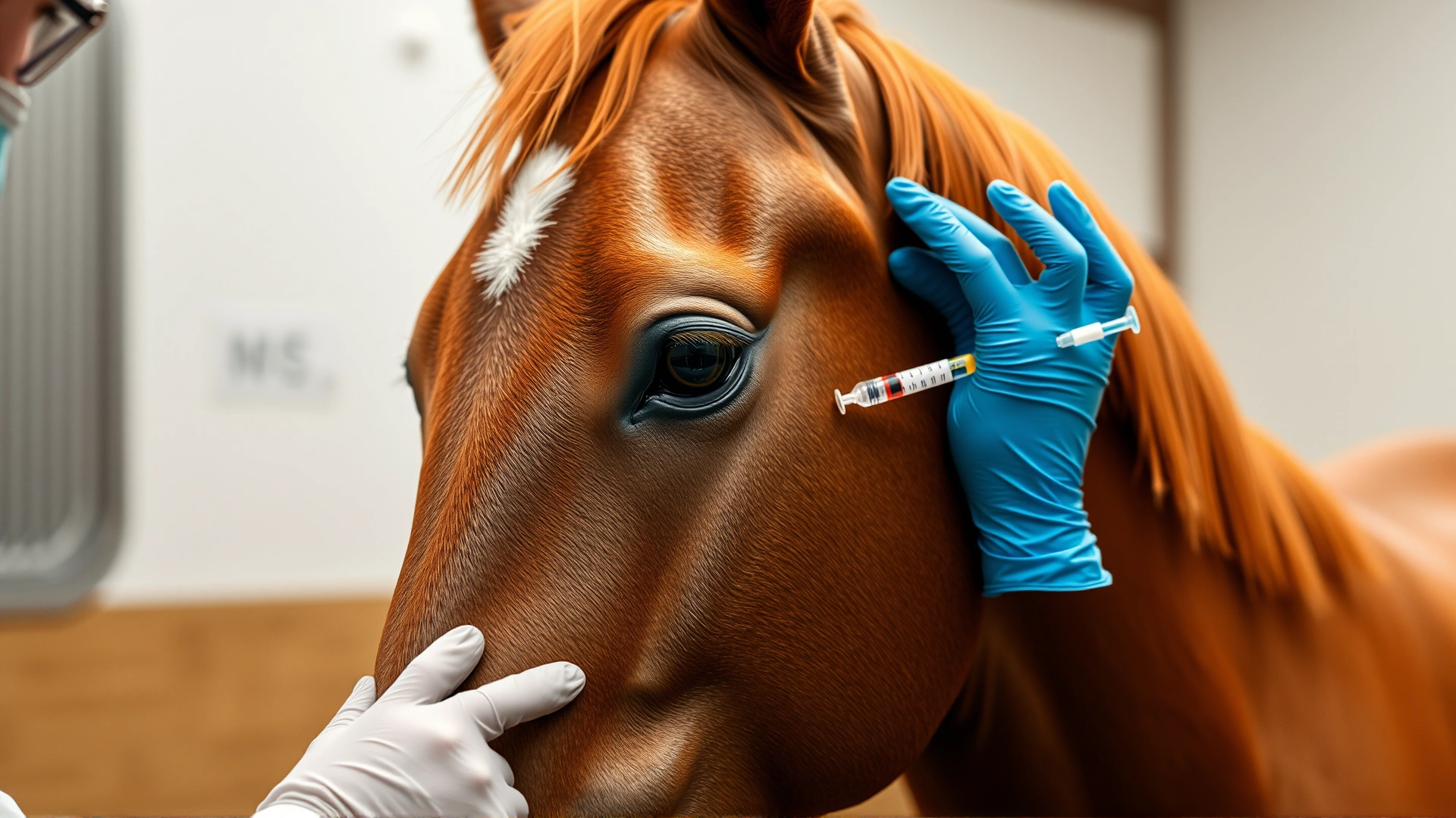 Close-up of a veterinarian administering an intramuscular injection into a calm chestnut horse's neck inside a clean stable, no text on image