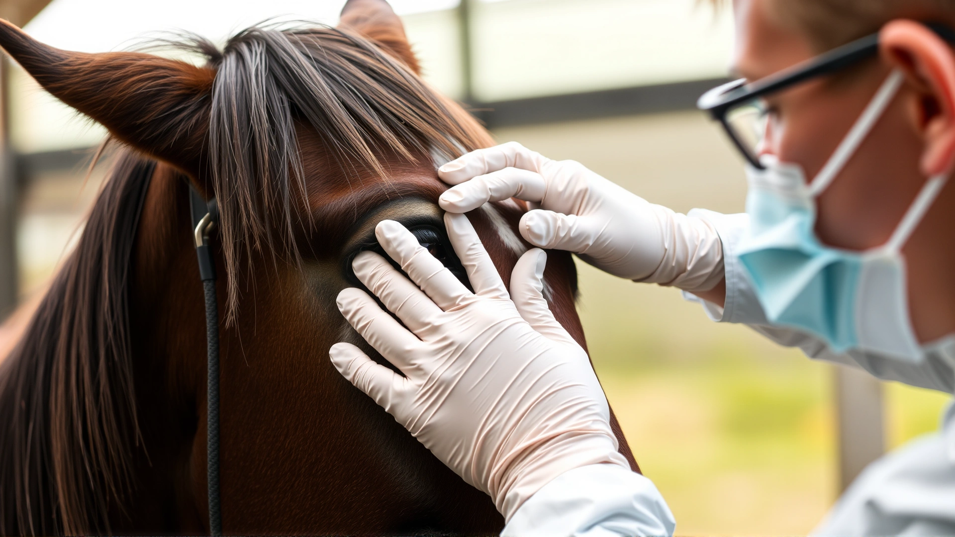 Veterinarian wearing protective gloves gently lifting a horse's eyelid during an eye examination inside a stable, clear focus on the interaction