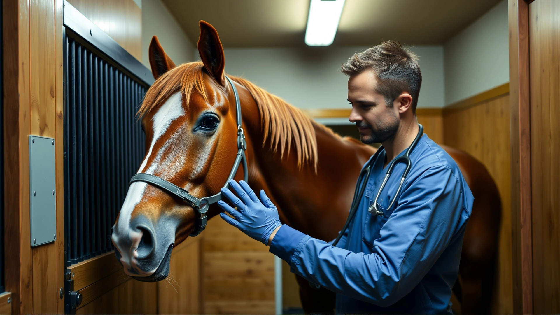 Close-up of an equine veterinarian using a stethoscope on a relaxed chestnut horse inside a tidy wooden stall, highlighting attentive medical care.