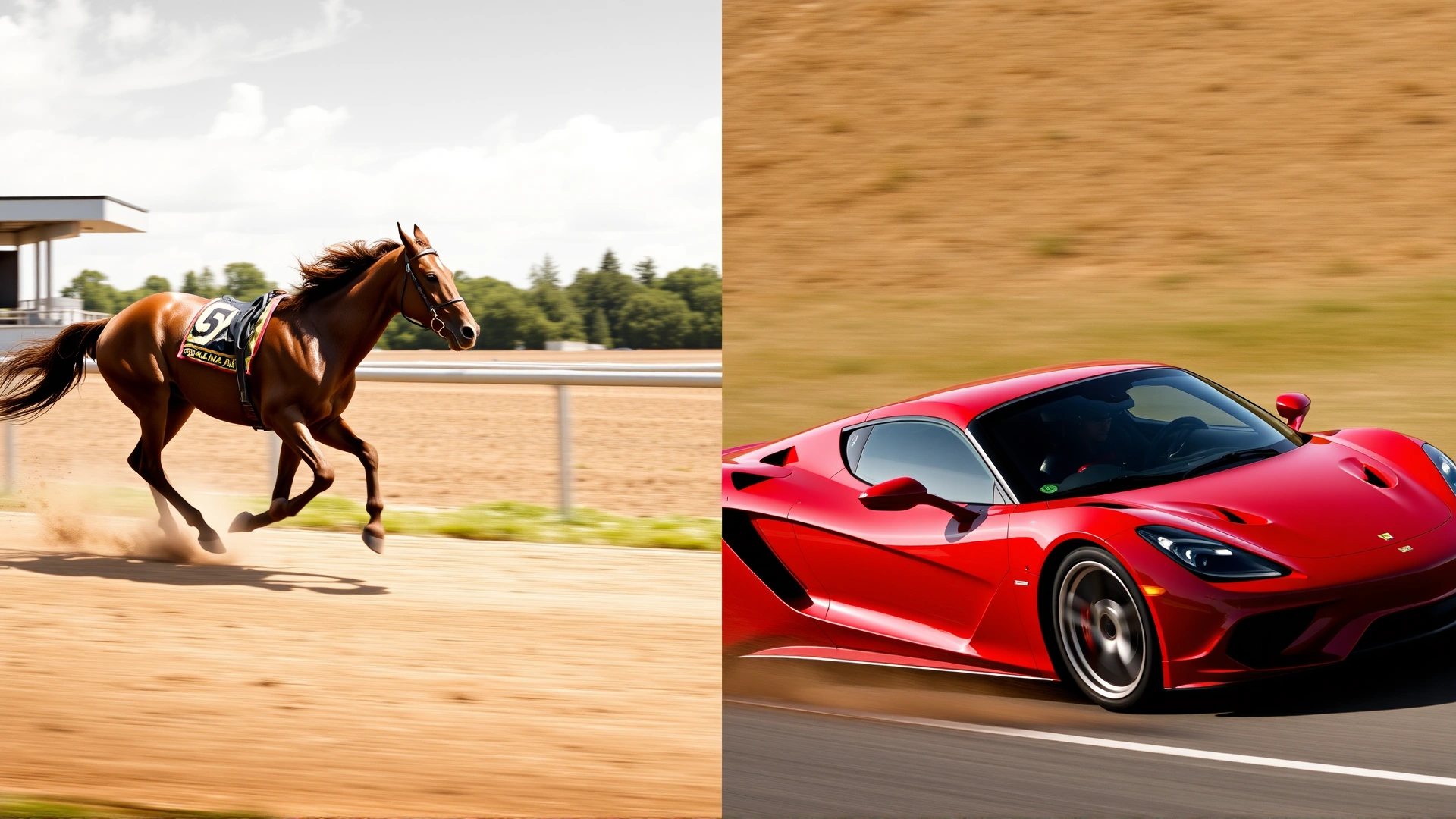 Split-screen composite: left side a galloping racehorse on dirt track, right side a sleek red sports car accelerating on similar background, balanced lighting, no text