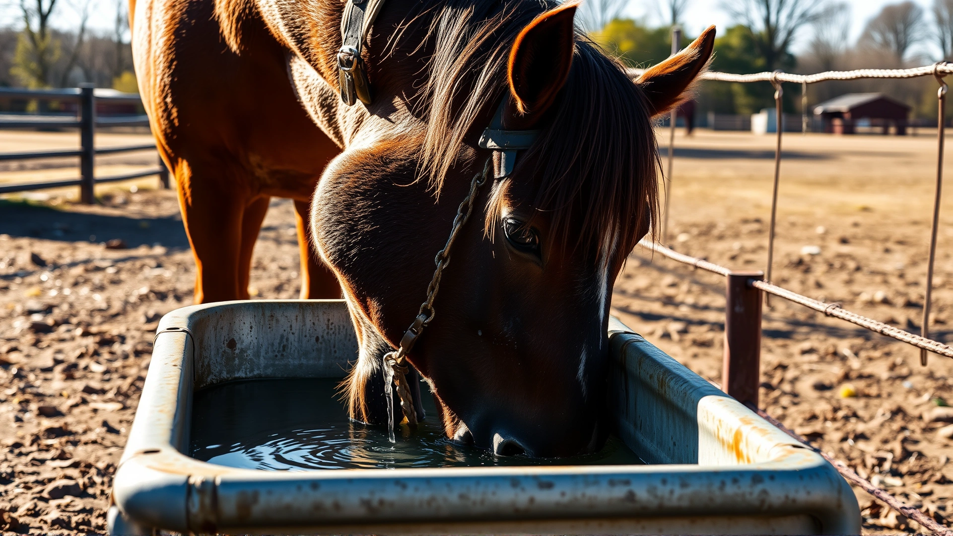 Warm-toned photograph of a horse drinking fresh water from a clean metal trough in a sunny paddock, highlighting hydration.