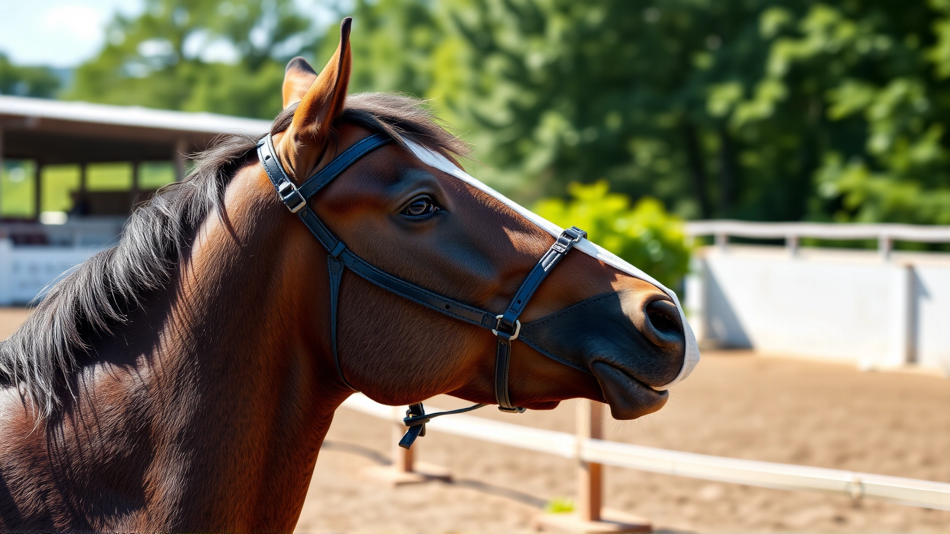 Side view of a horse wearing a mesh nose net attached to its bridle, calm expression, sunny outdoor riding arena in background.