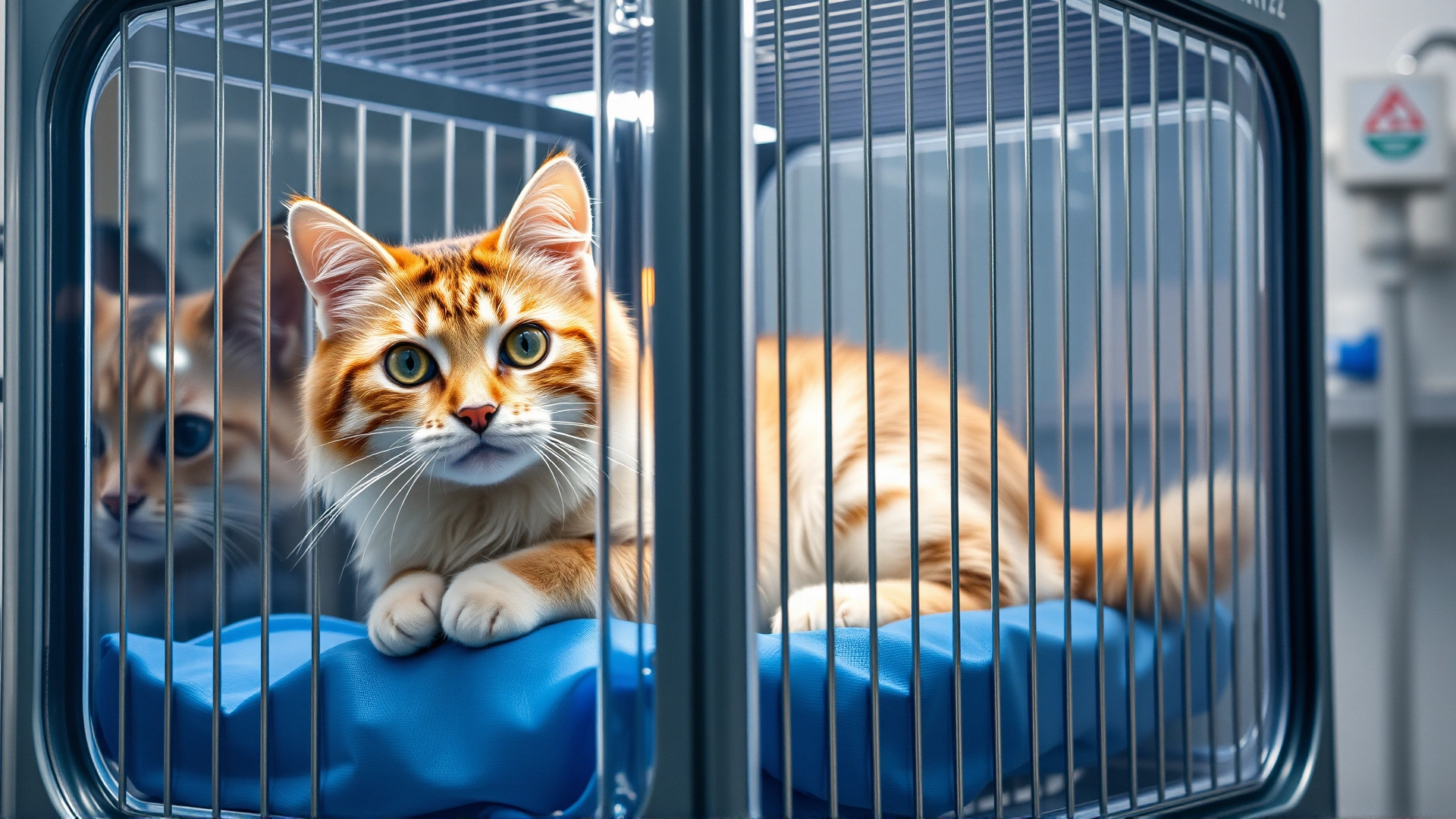 Cat in a transparent oxygen cage at a veterinary hospital, IV line visible, professional medical setting