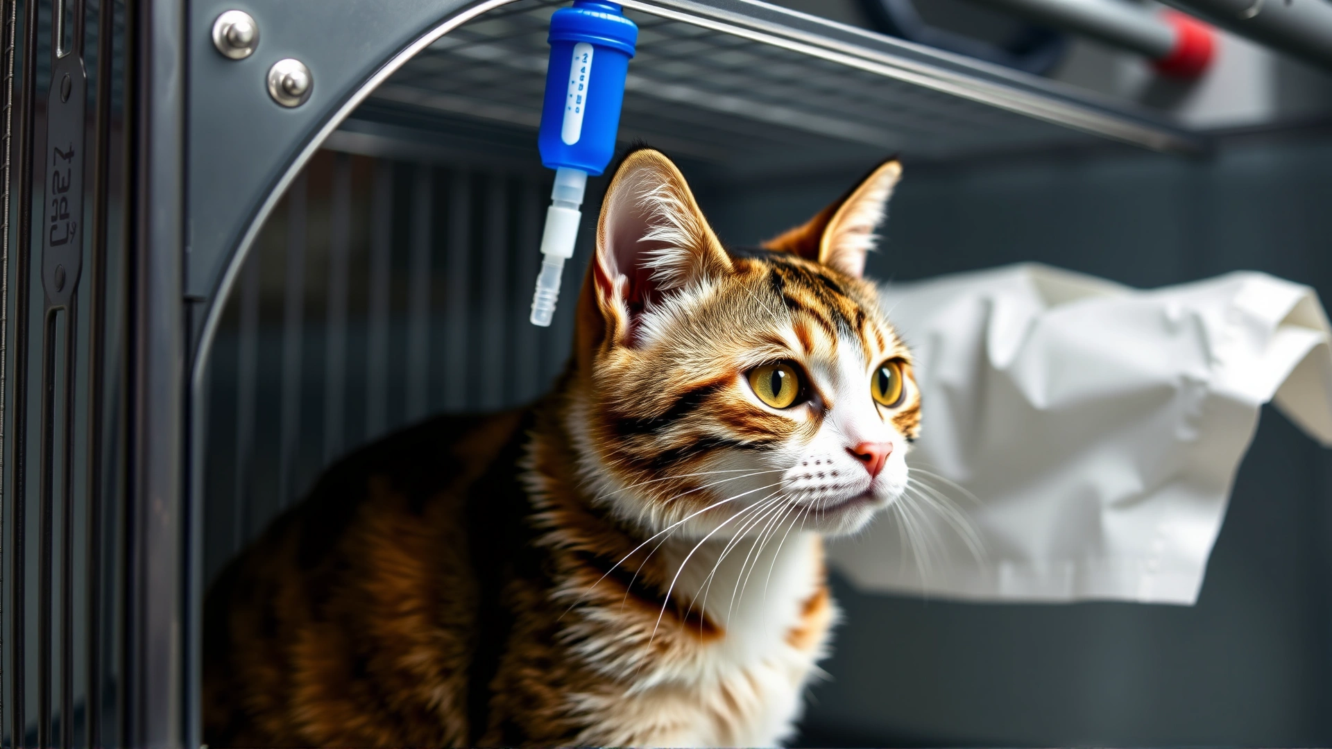Cat inside a transparent recovery kennel at a veterinary hospital with an IV line attached, looking alert but calm.