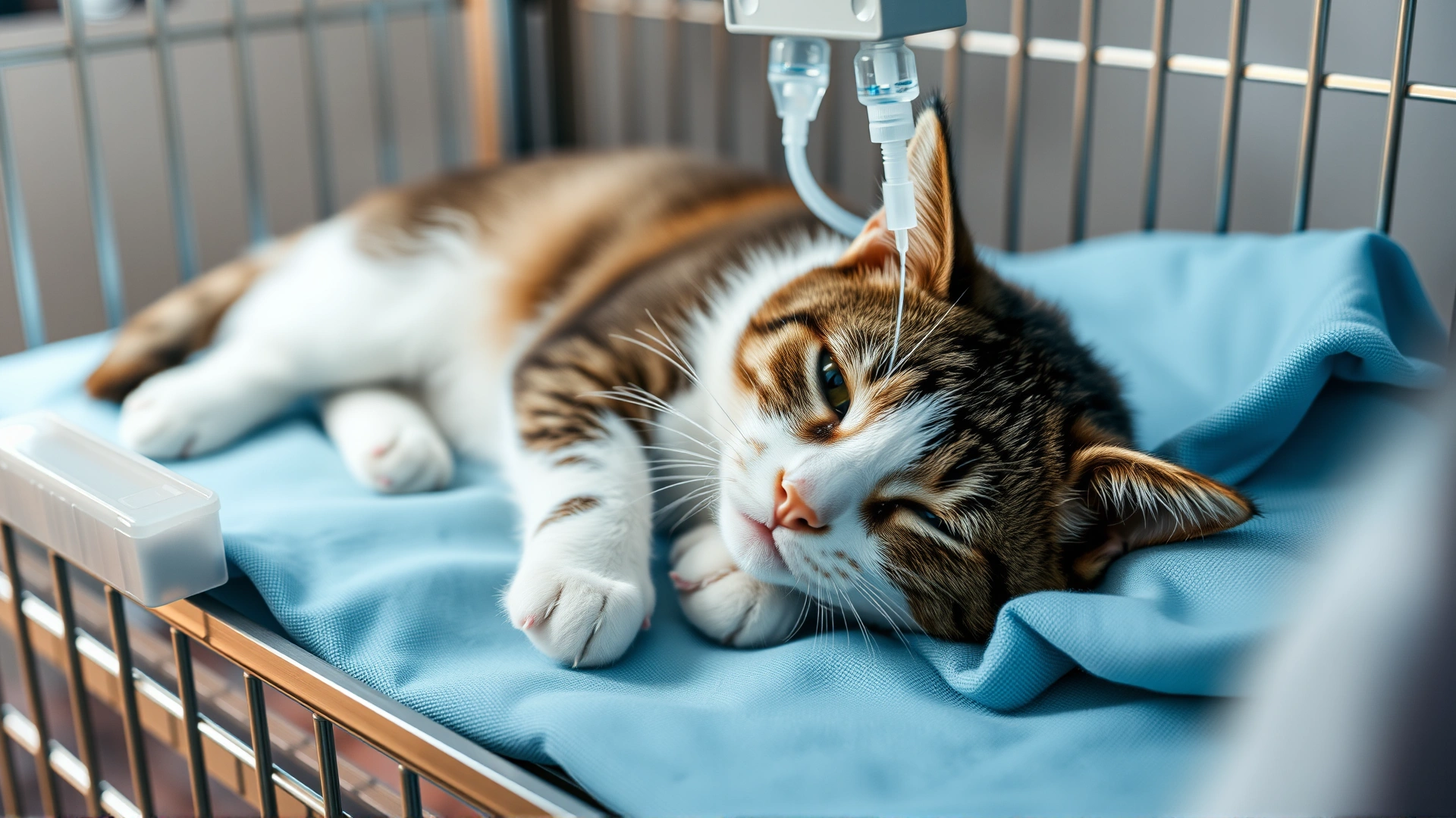 Sick cat lying in a veterinary ICU cage with an IV catheter and fluid line connected, blue bedding, soft lighting