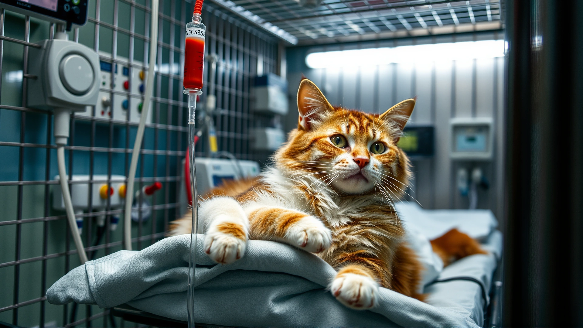 Photo of a cat in an ICU veterinary cage receiving IV fluids, with monitoring equipment and a caring technician nearby.