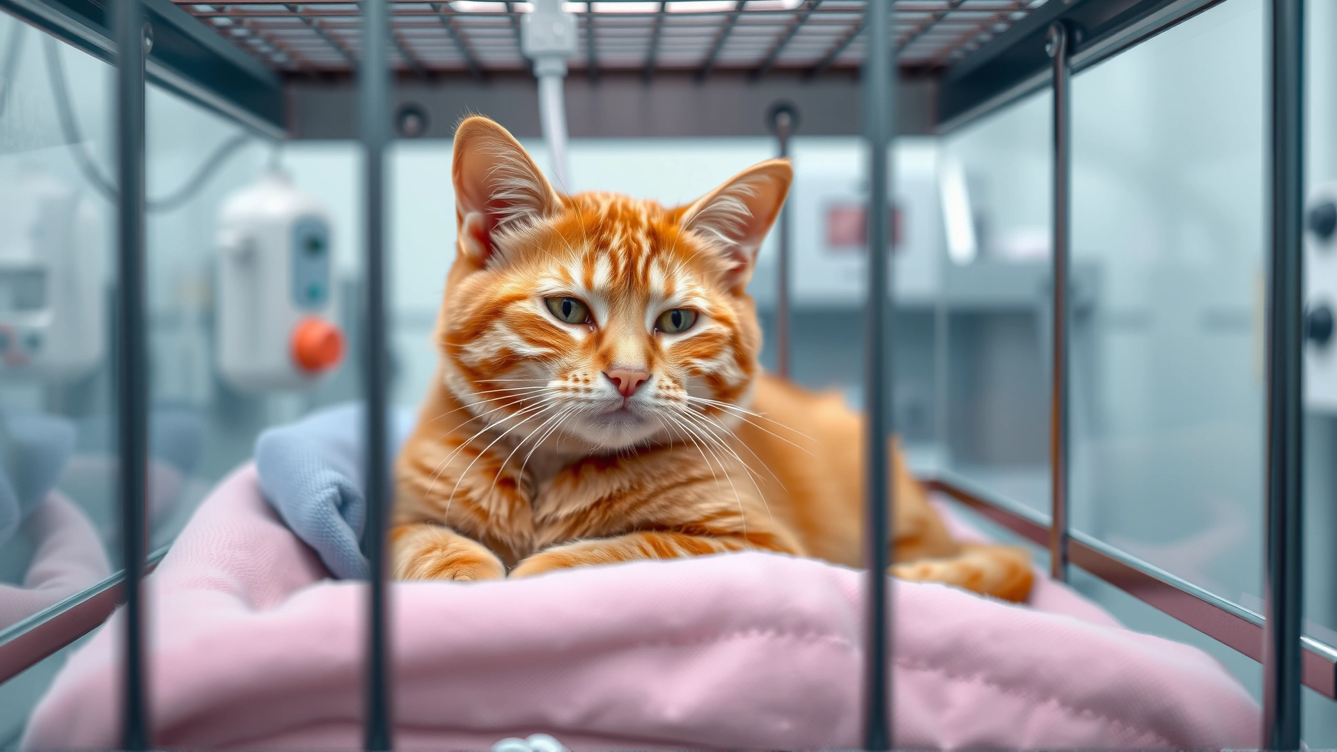 Orange domestic cat resting comfortably in a transparent oxygen cage with soft bedding inside a veterinary hospital ward, soft lighting.