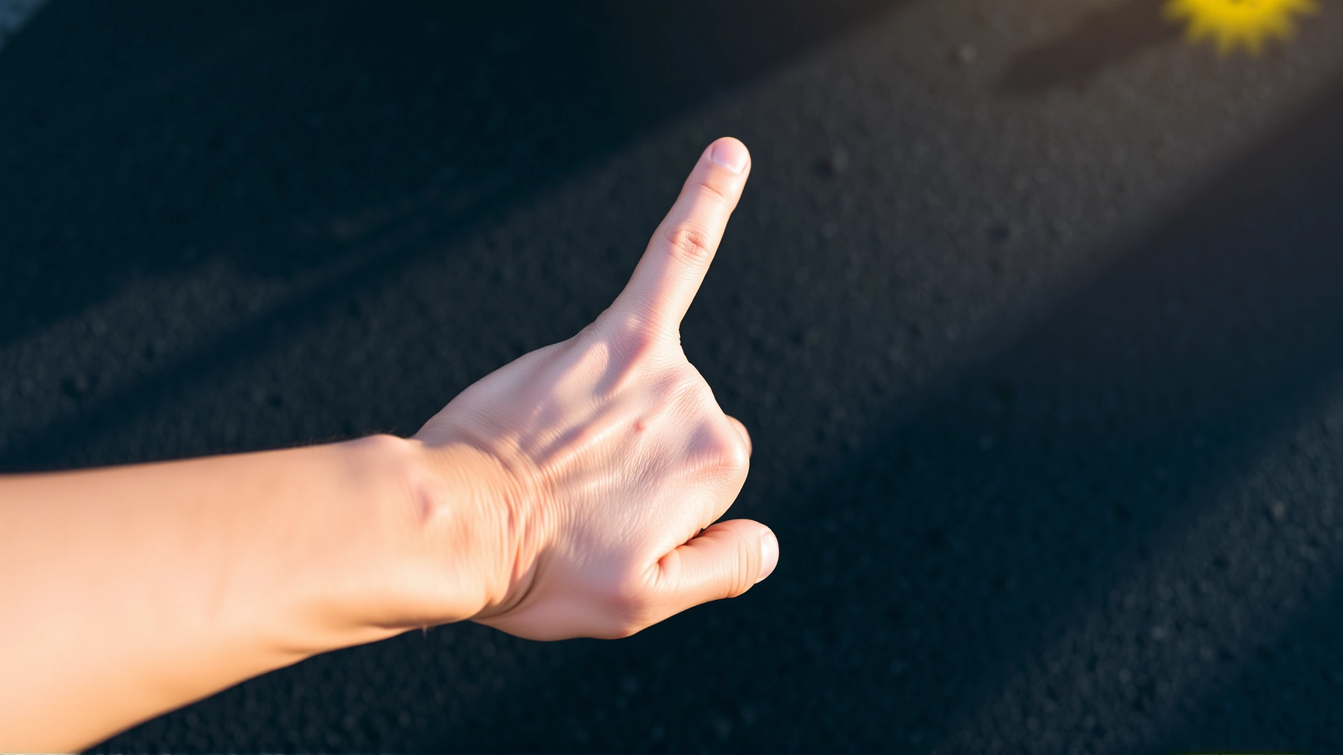 A human hand hovering just above a black asphalt road to test its temperature under bright sunlight.