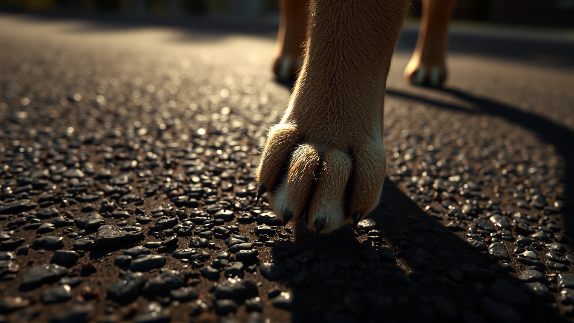 AI image: Close-up of a dog's paw hovering above dark asphalt shimmering in heat waves; sunlit; no text.