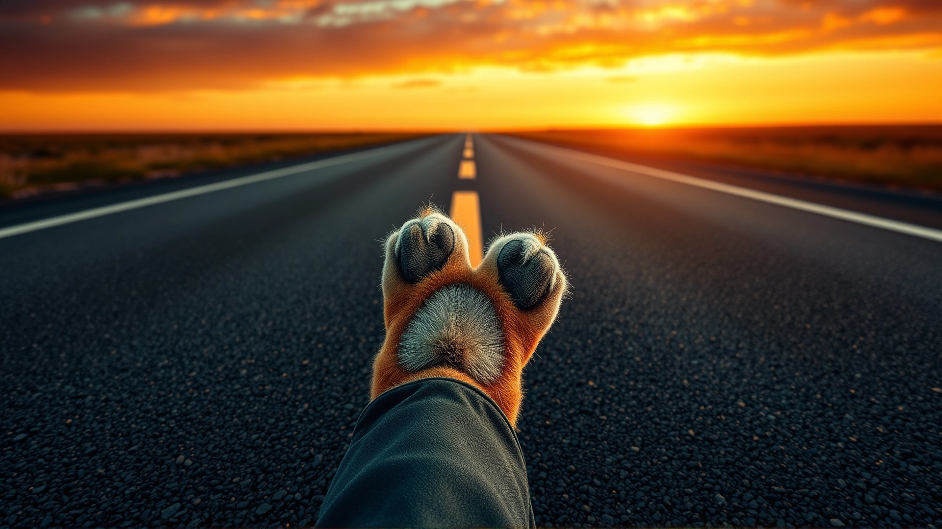Dog paw hovering above a hot asphalt road with visible heat haze, emphasizing caution; no text.