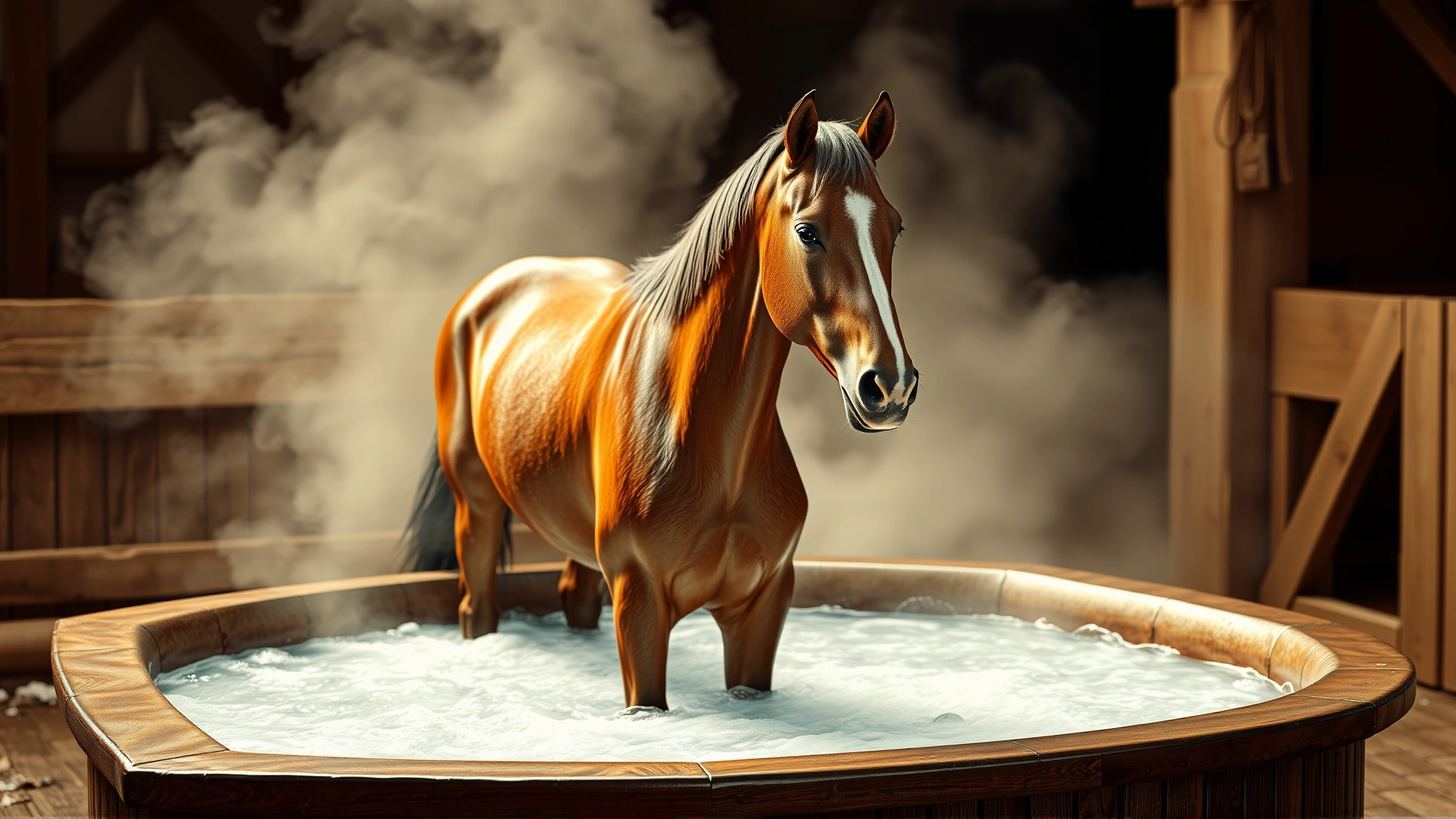 Horse standing inside a bubbling hot equine whirlpool spa, steam rising, stable background