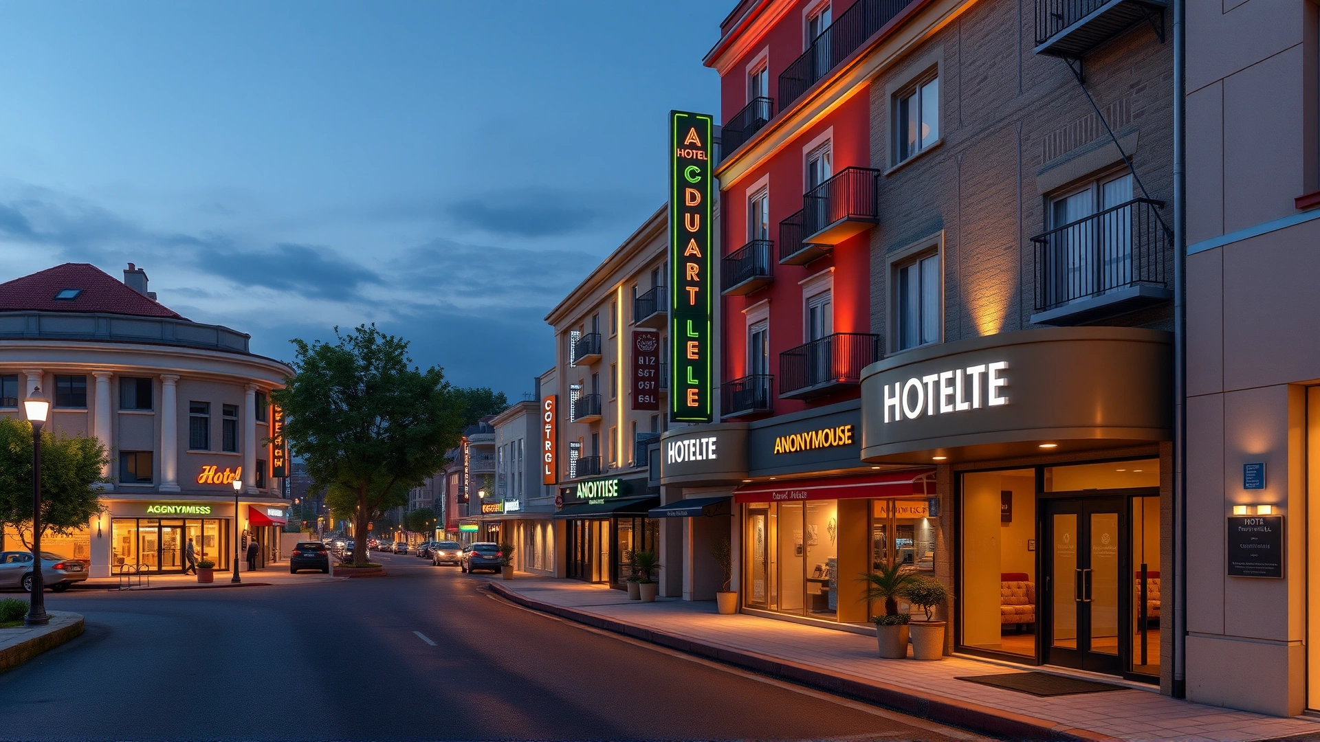 Early evening street view with a variety of anonymous hotel exteriors ranging from budget to luxury, engaging warm lighting, no logos or text.