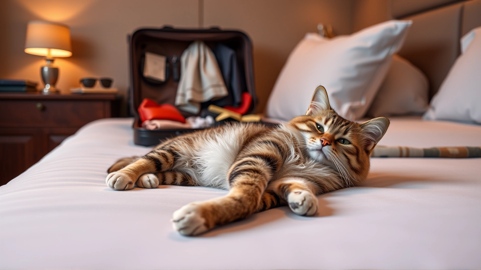 A relaxed cat stretching on a neatly-made hotel bed with an open suitcase and travel accessories in the background, warm ambient lighting