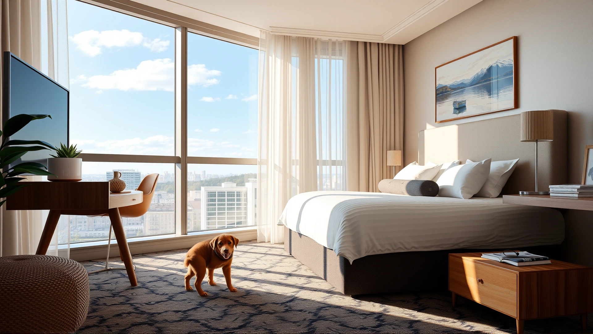 Cozy modern hotel room with a dog bed near the window and a playful puppy exploring the new environment