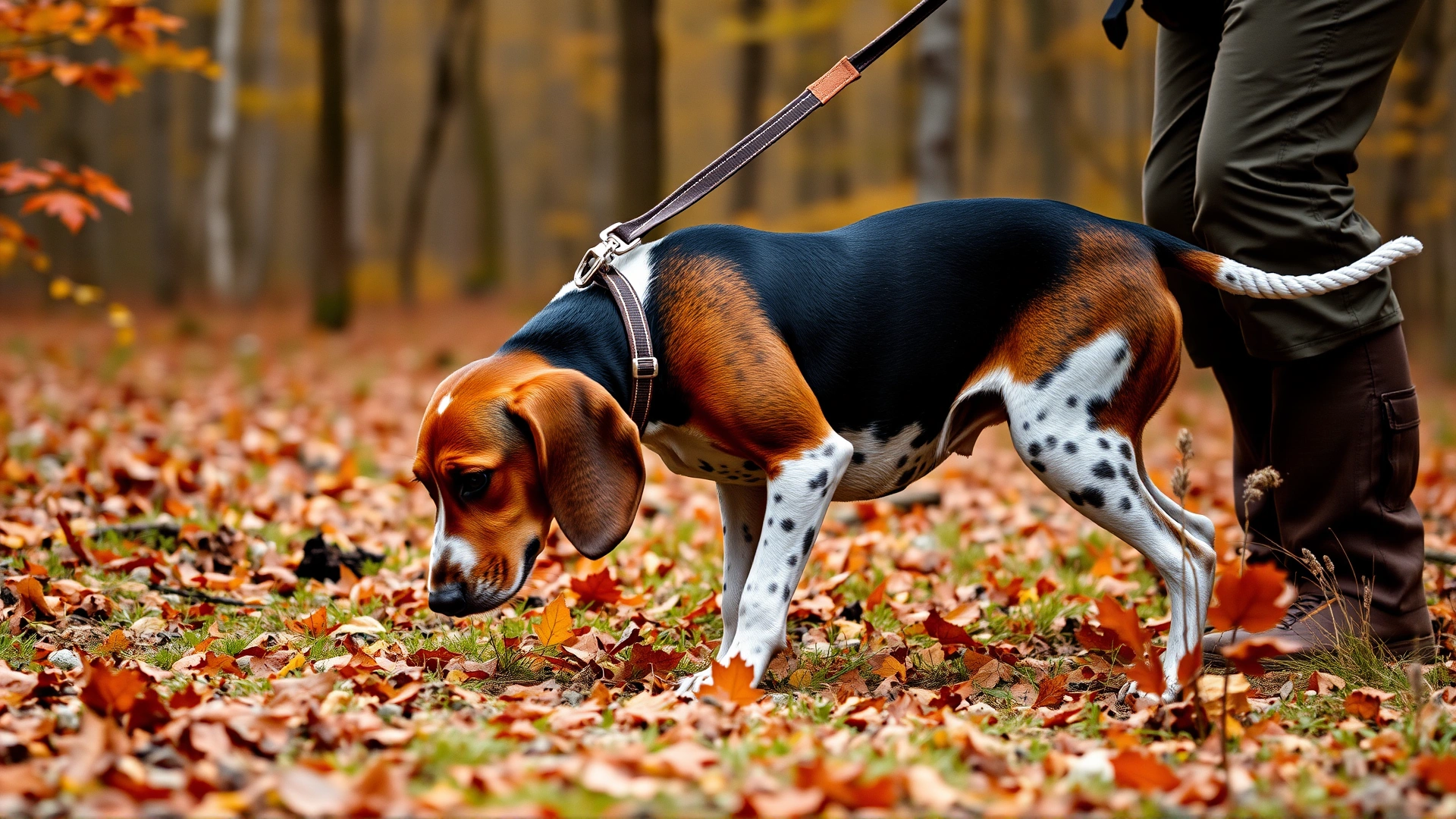 American English Coonhound on leash with hunter in autumn woods, nose to the ground tracking scent
