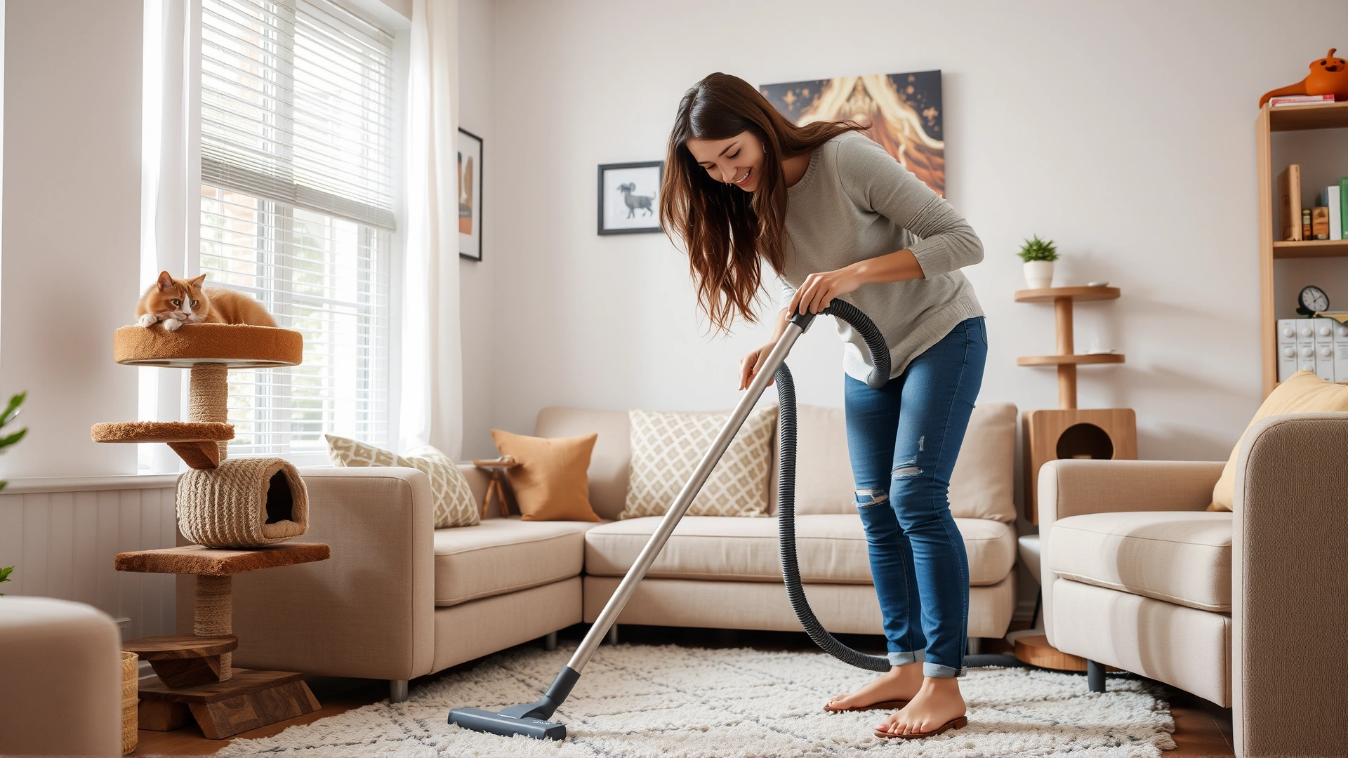 Woman vacuuming a cozy living room with a cat tree visible, representing thorough home cleaning to remove ticks