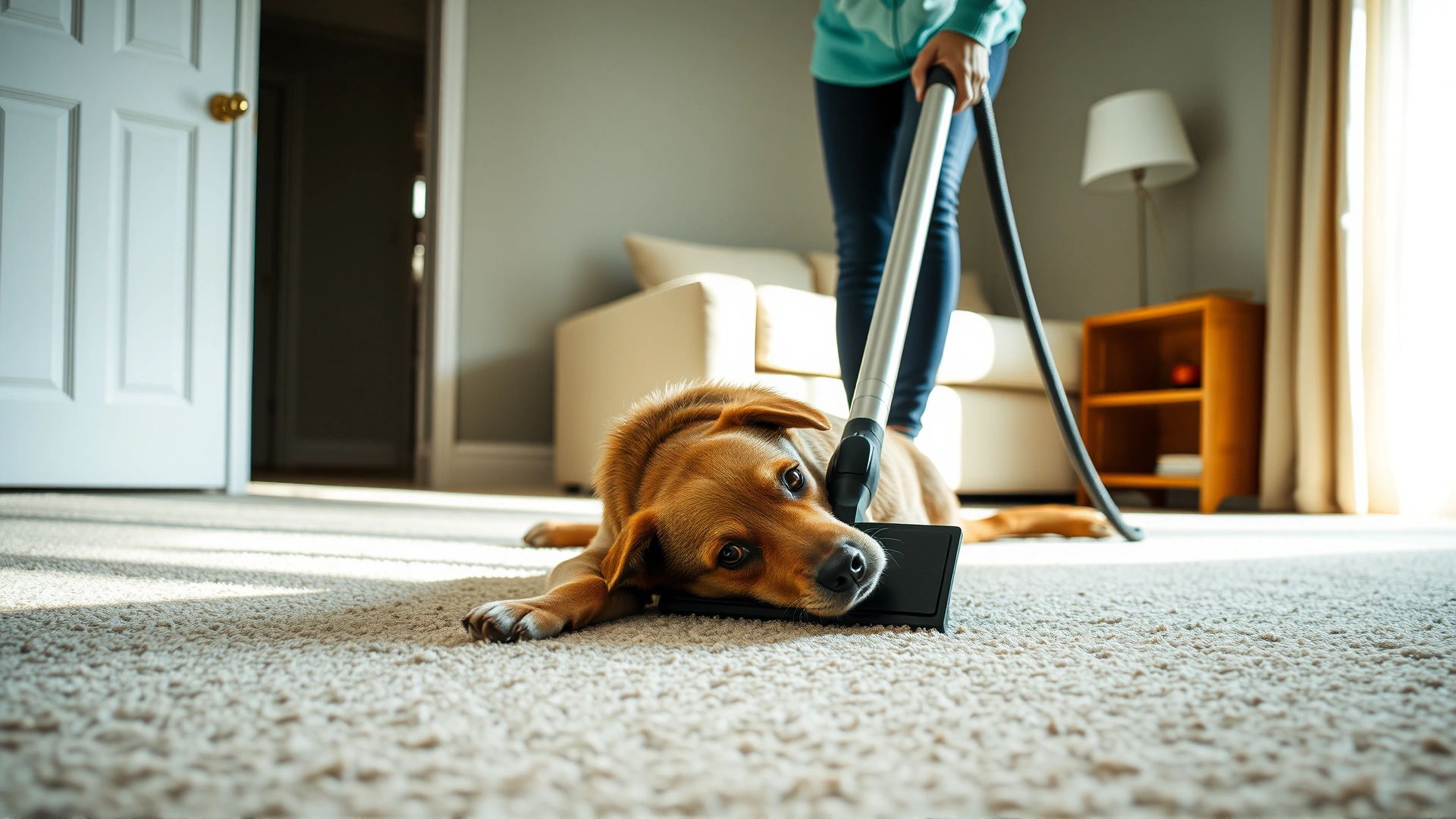Person vacuuming a living room carpet next to a relaxed dog, sunlight coming through the window, illustrating home flea control