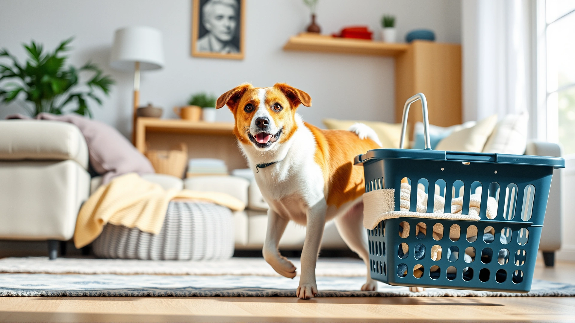 Dog proudly carrying a small laundry basket across a living room, daylight, cozy home interior