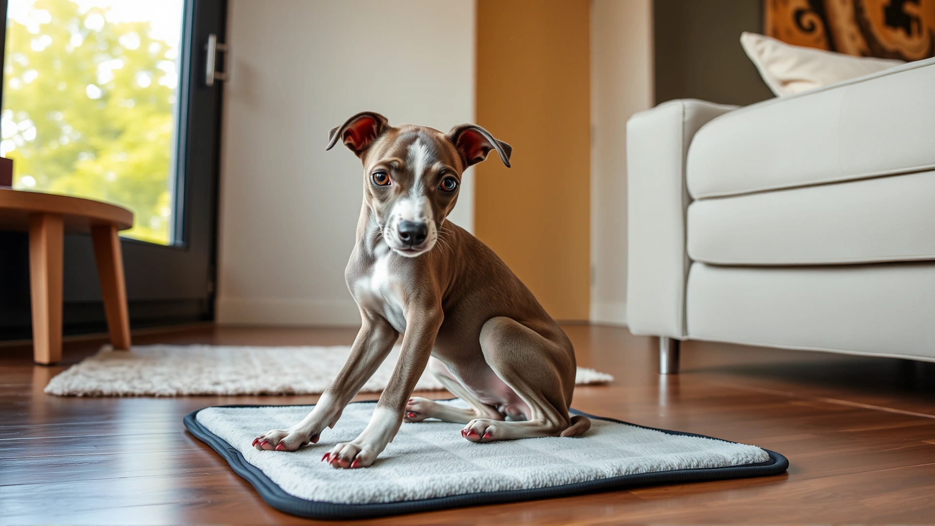 Italian Greyhound puppy sitting beside an indoor pee pad with a slightly guilty expression, modern apartment setting
