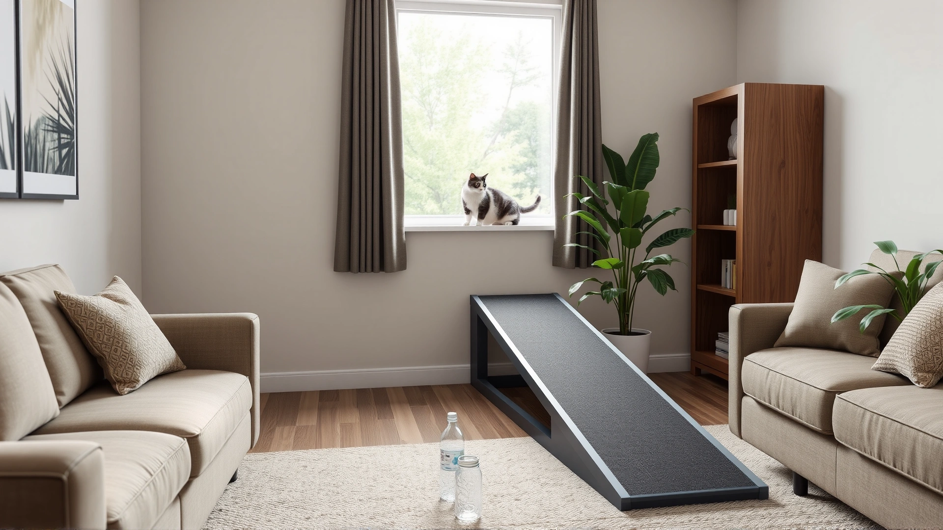 Modern living room with pet ramps leading to a window perch, showcasing an environment adapted for an arthritic cat.