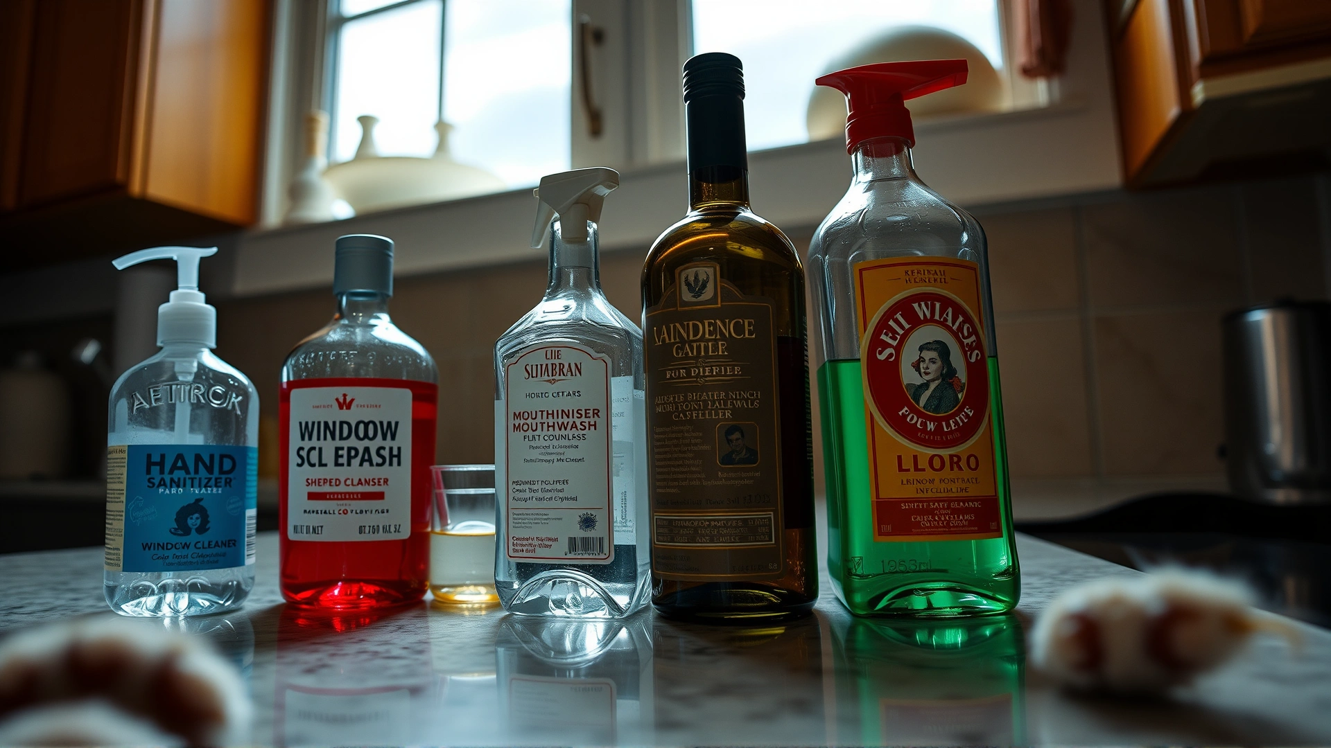 Wide-angle shot of a kitchen countertop displaying various common household products containing ethanol—hand sanitizer, mouthwash, window cleaner, and a bottle of liquor—with a cat’s paw visible at the edge, indoor lighting, no text on products