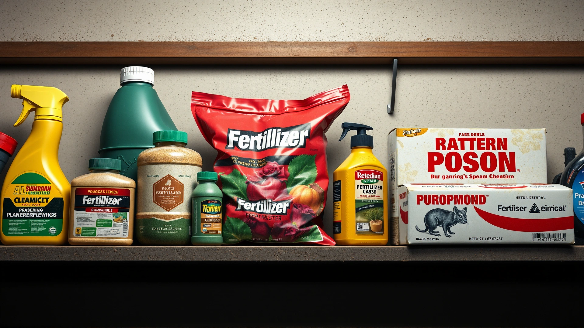 Assorted gardening and household chemical containers (pesticide spray, fertilizer bag, rodent poison box) arranged on a garage shelf, slightly dusty, no text