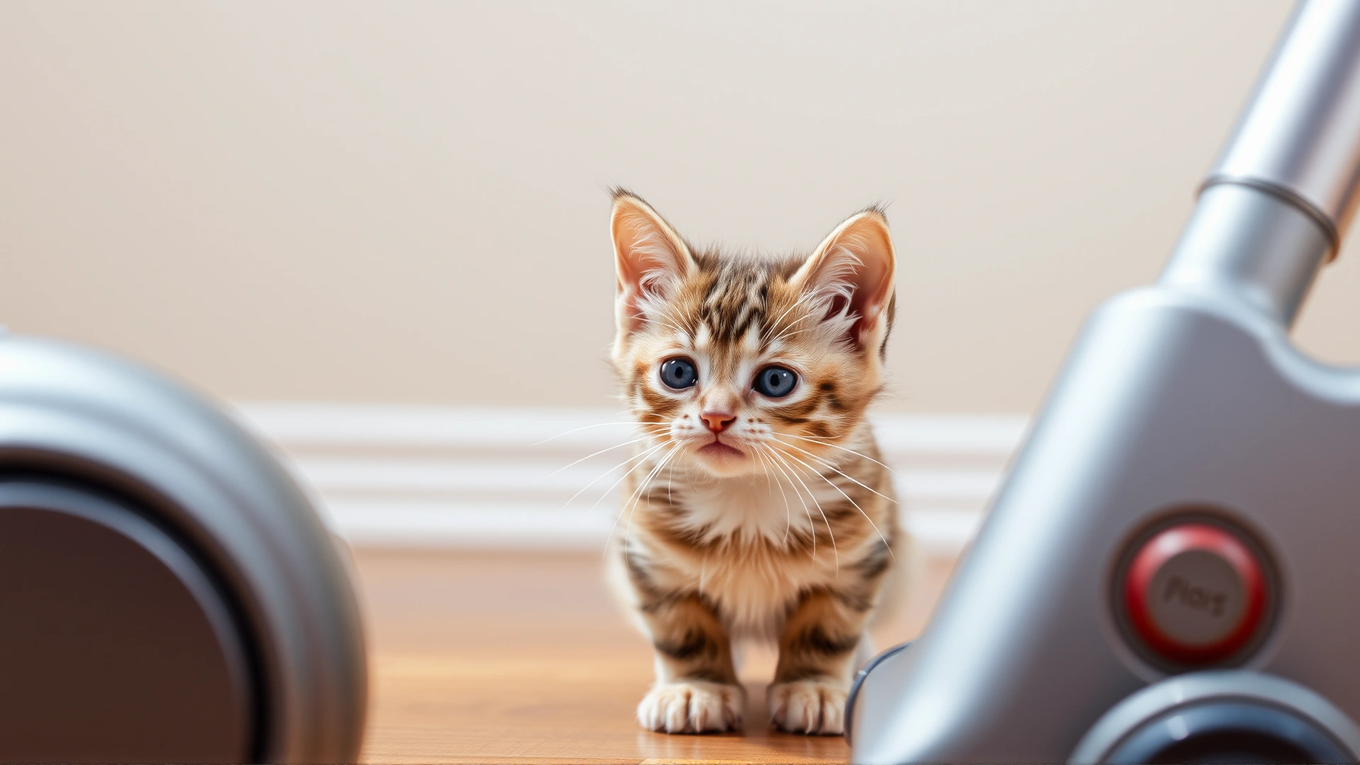 Kitten calmly observing a vacuum cleaner from a safe distance, illustrating gradual exposure to household noises