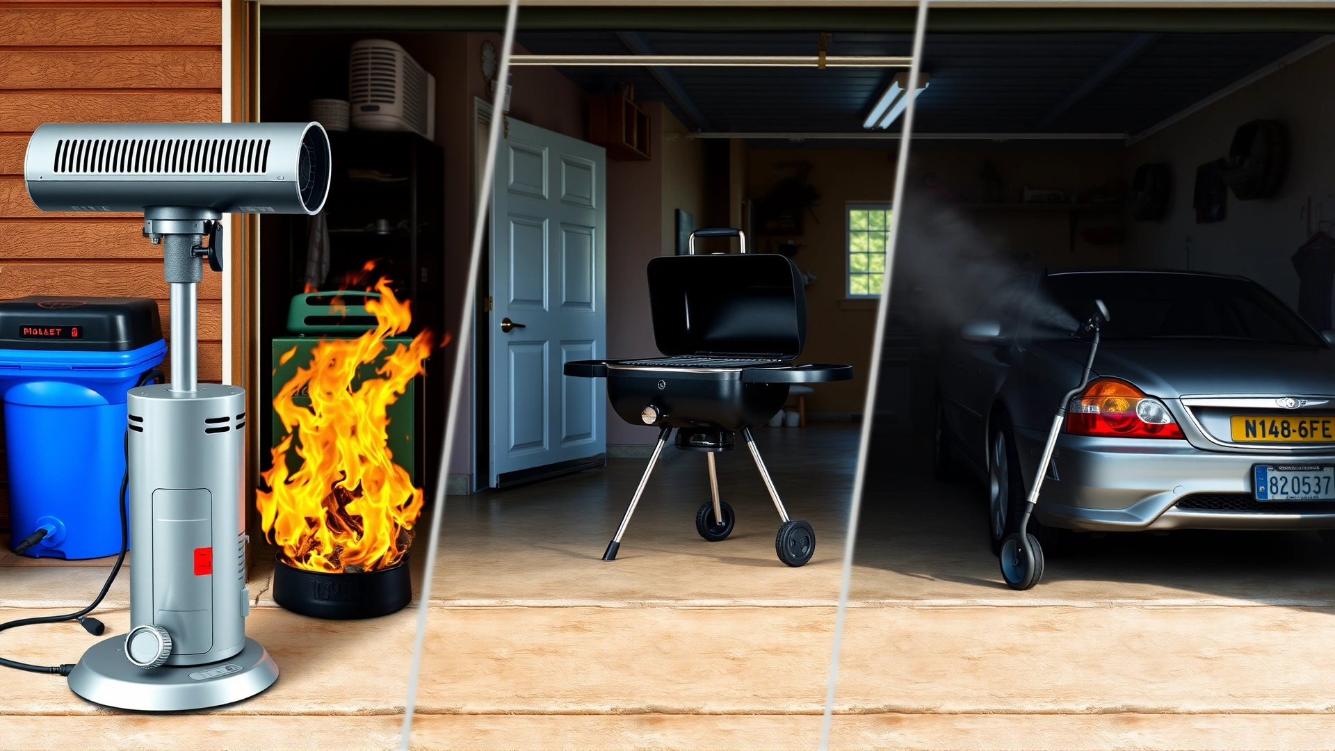 Collage-style image of common household appliances such as a gas heater, charcoal grill, and a running car inside a garage, depicted safely without text, high resolution