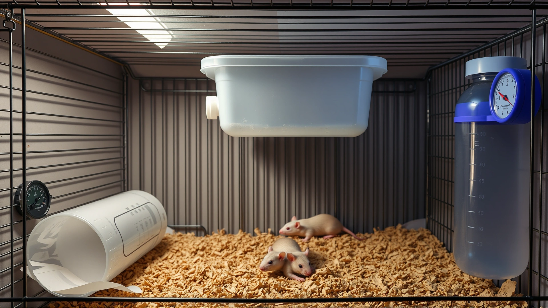 A modern, spacious rat cage with paper bedding, a water bottle, and a small hygrometer showing proper humidity