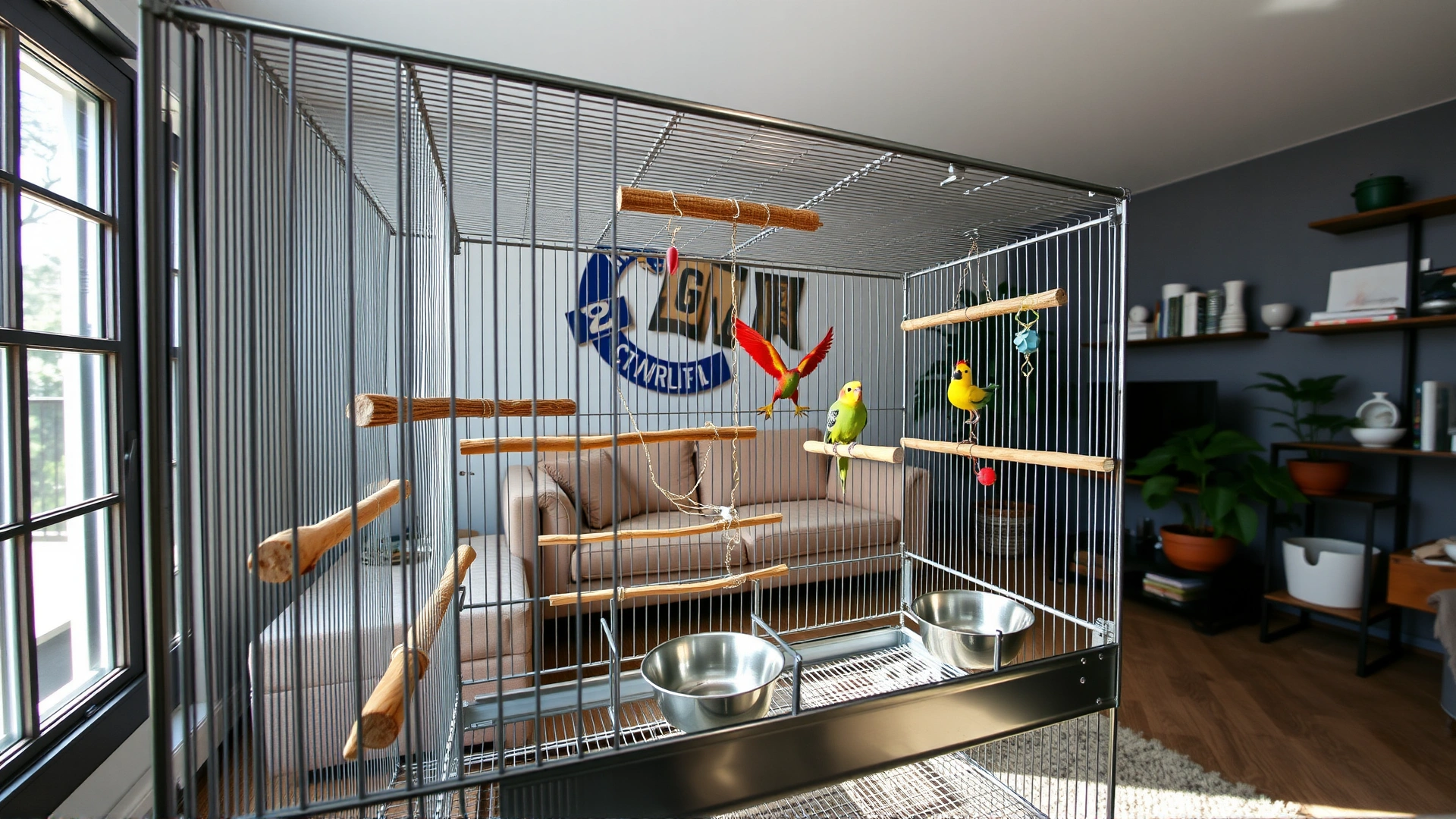 Wide-angle shot of a large stainless-steel bird cage correctly furnished with multiple natural perches, stainless bowls, and colorful toys, set in a well-lit living room.