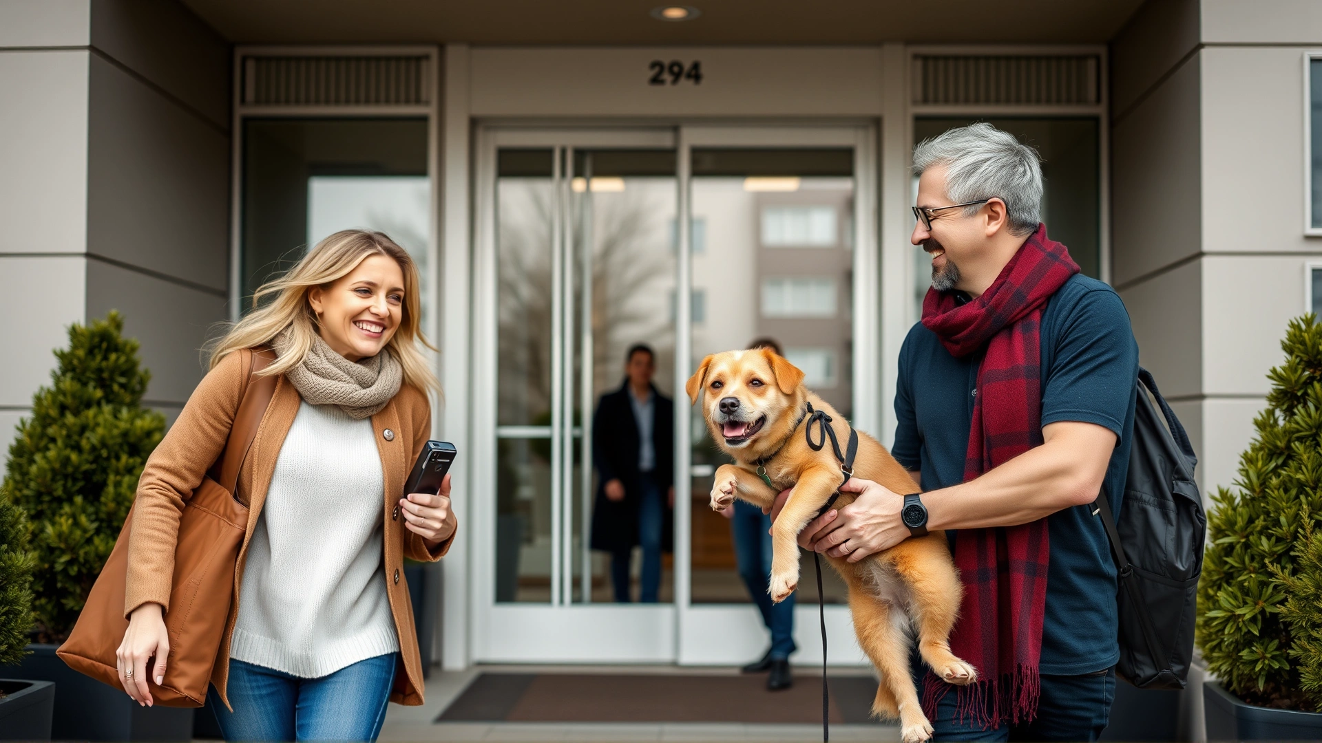 Happy couple carrying their medium-sized dog through the entrance of a modern apartment building, smiling at the doorman.