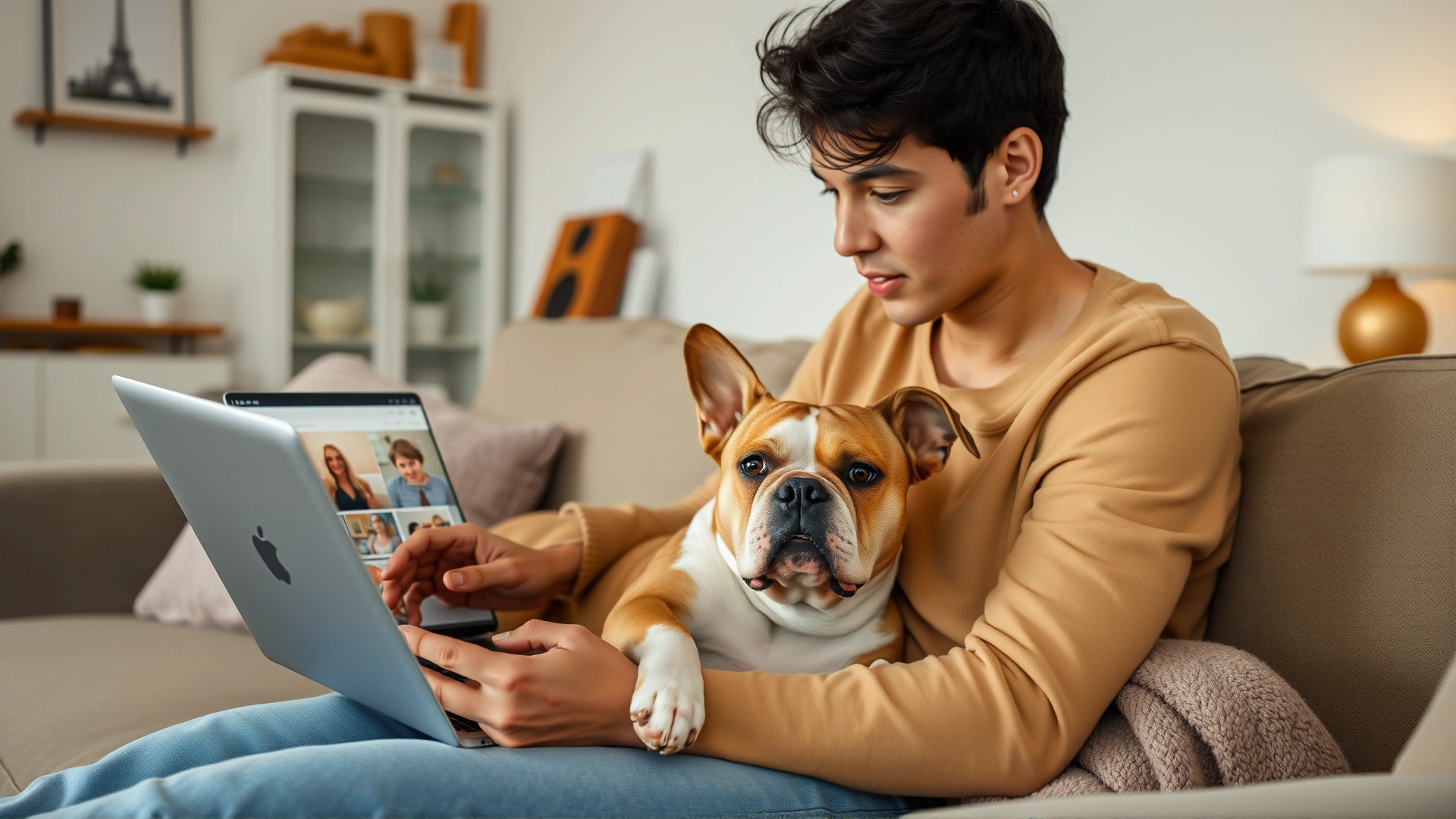 Young adult browsing apartment listings on a laptop with a relaxed pit bull lying beside them on the sofa, cozy indoor setting. No text.