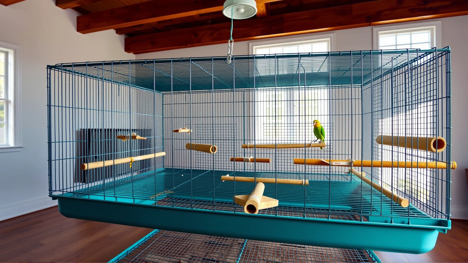 Wide shot of a spacious horizontal flight cage set in a bright room, showing multiple wooden perches, toys, and cuttlebone but no bird.