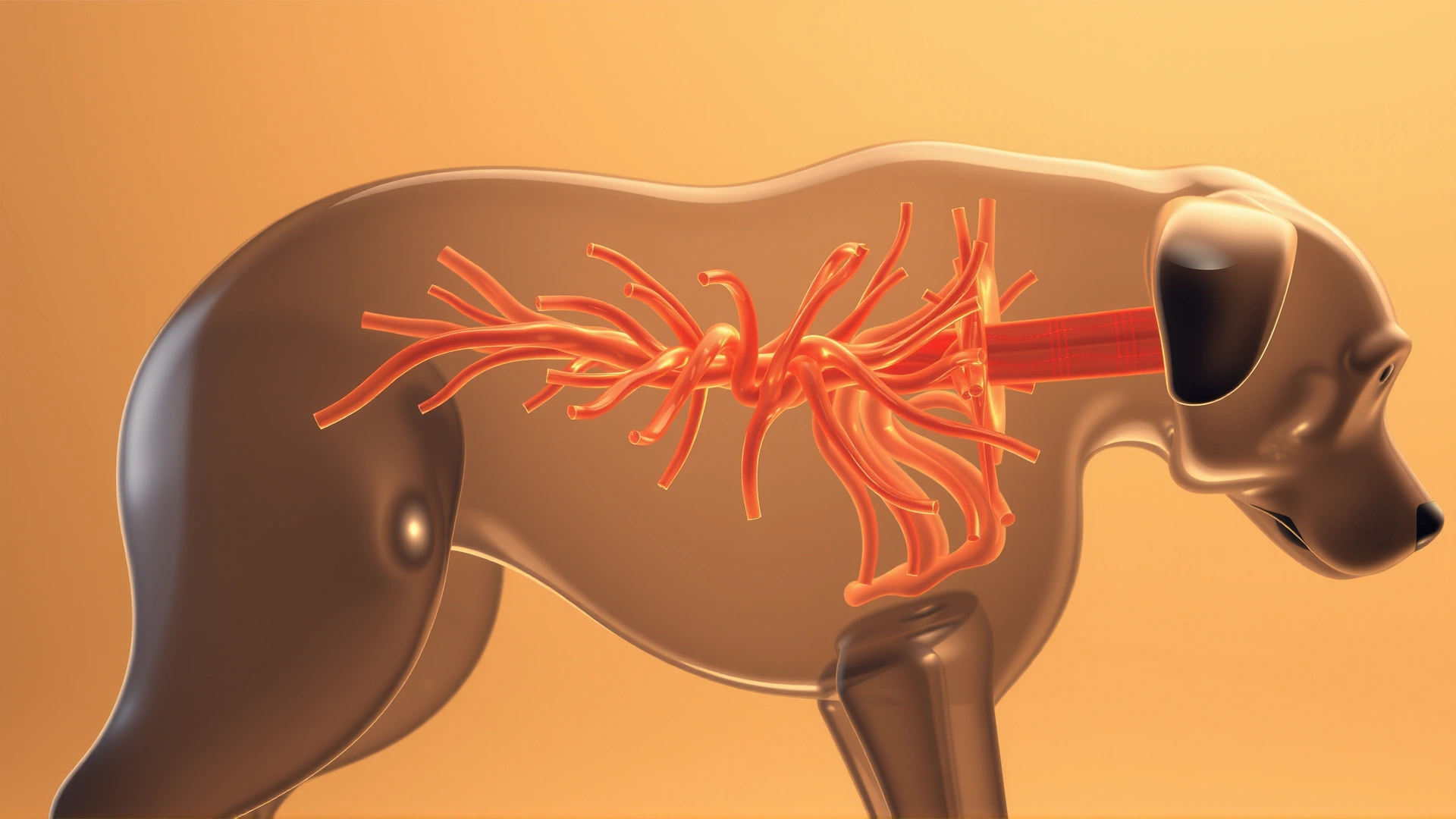 3D medical-style render of bronchial tubes expanding inside a semi-transparent silhouette of a dog, warm tones, no text